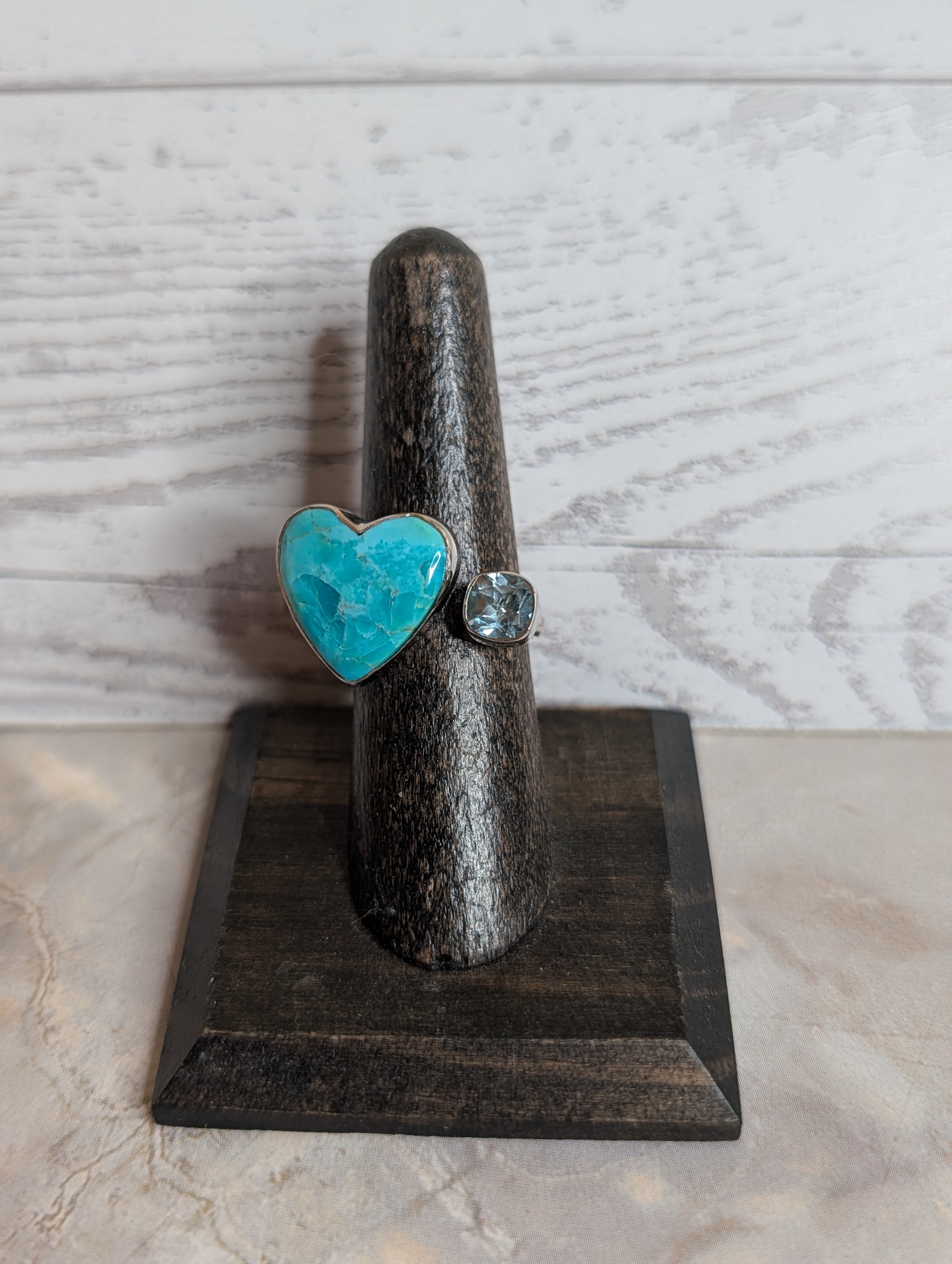 Kingman Turquoise Heart & Square Shaped Blue Topaz Sterling Silver Adjustable Ring