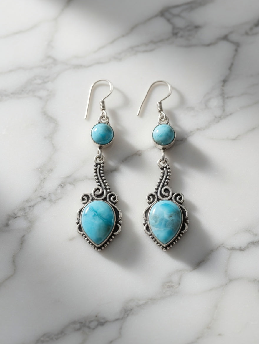 Sterling Silver Southwestern Larimar Turquoise Elegant Filigree Dangle Earrings