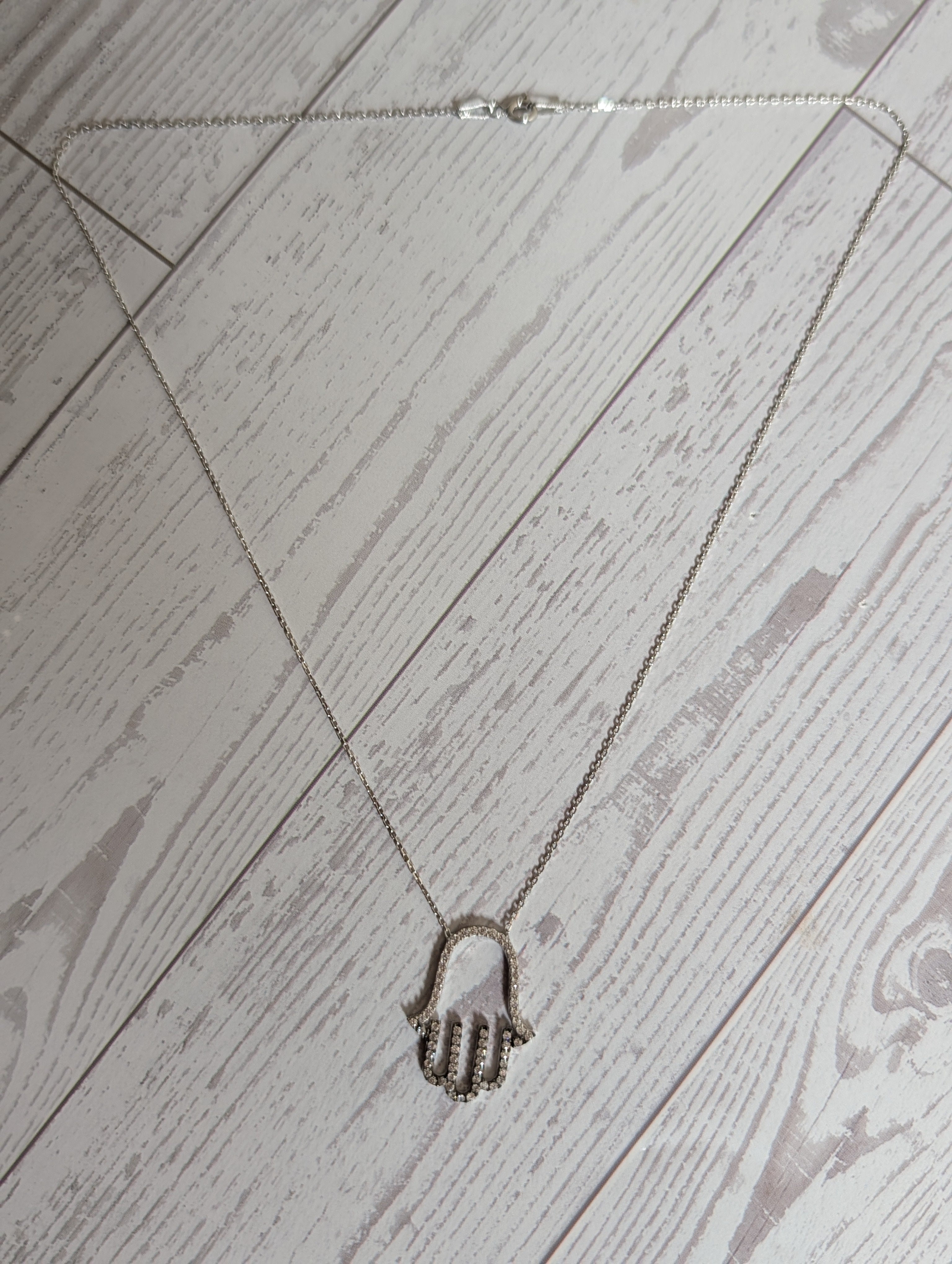CZ Hamsa Hand Outline Medium Sized Pendant On Sterling Silver Necklace