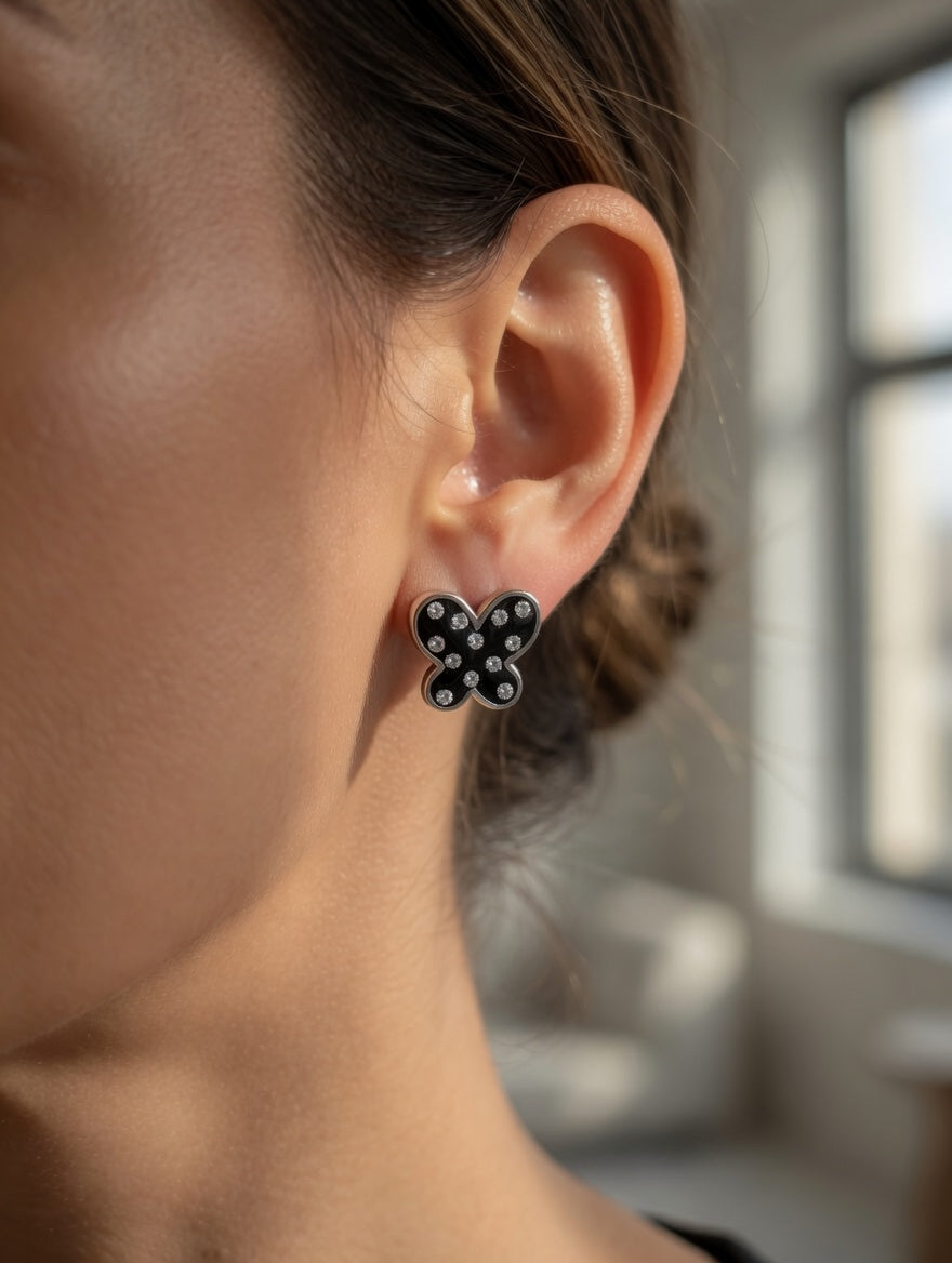 Sterling Silver CZ Black Butterfly Earrings & Pendant Jewelry Set