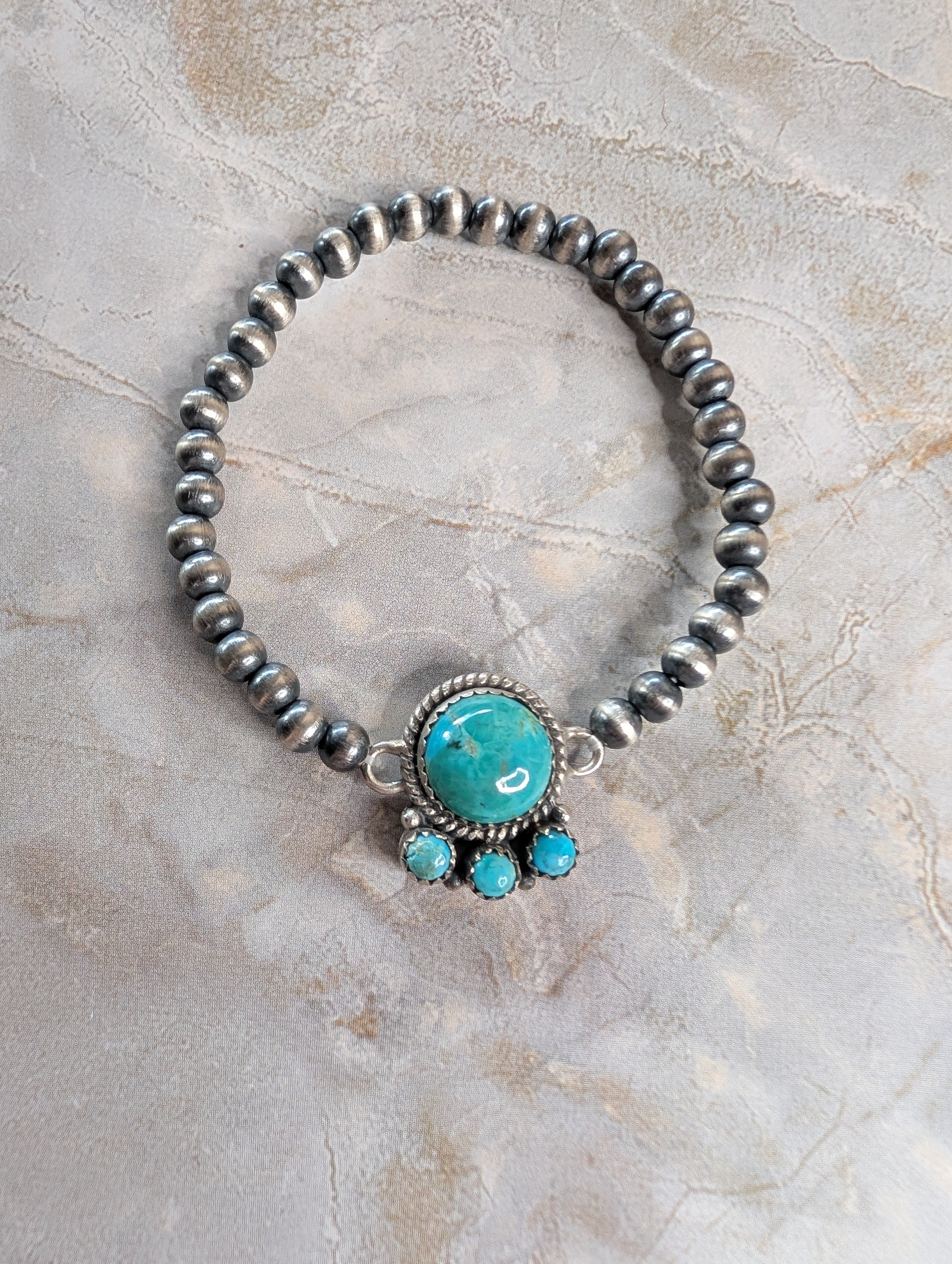 Sterling Silver 4mm Beaded Stretch Bracelet With Kingman Turquoise