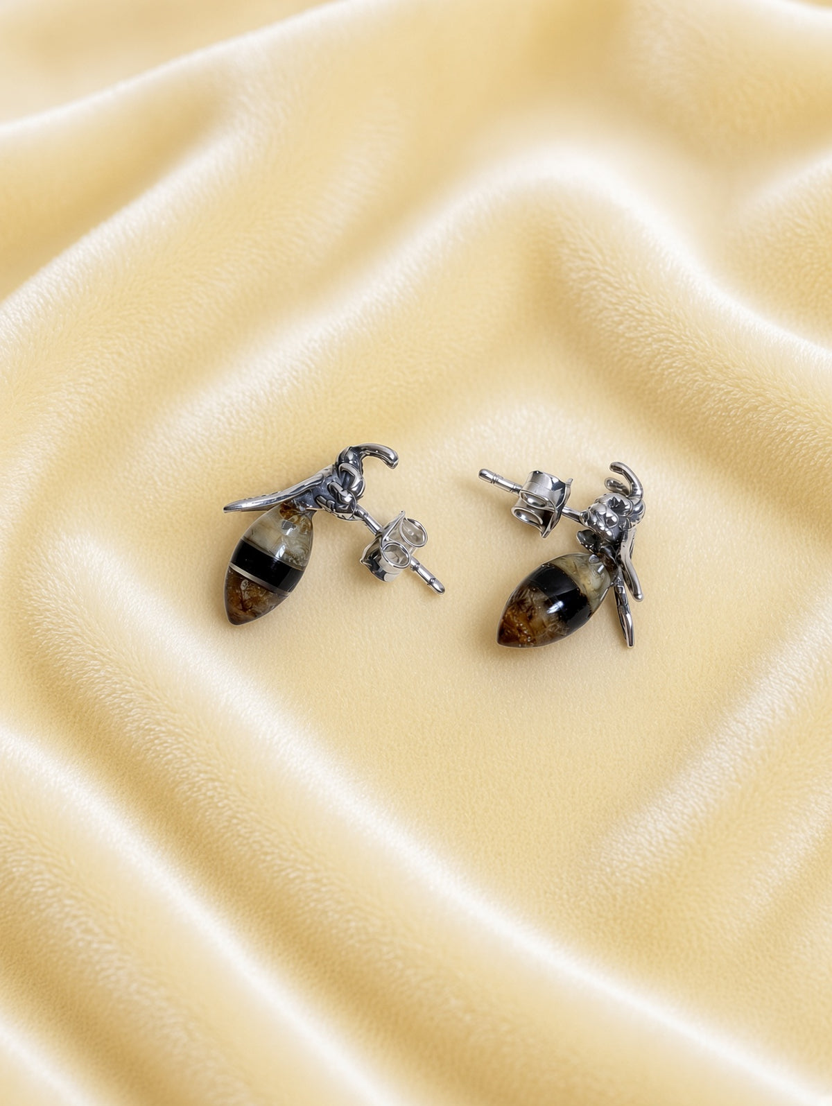 Handmade Bee Honey Cognac Cabochons & Sterling Silver Stud Earrings Variant A01
