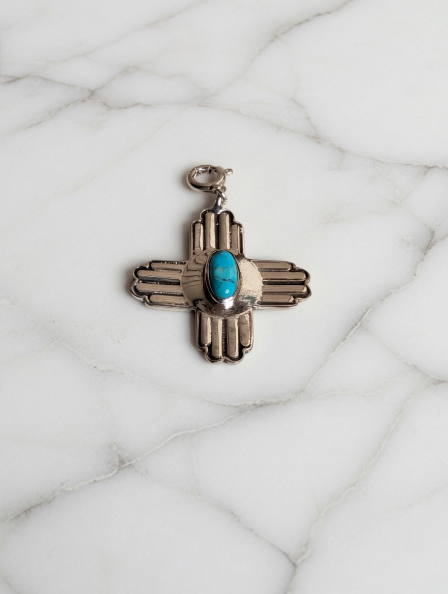 Sterling Silver Southwestern Style Zia Cross Charm With Turquoise
