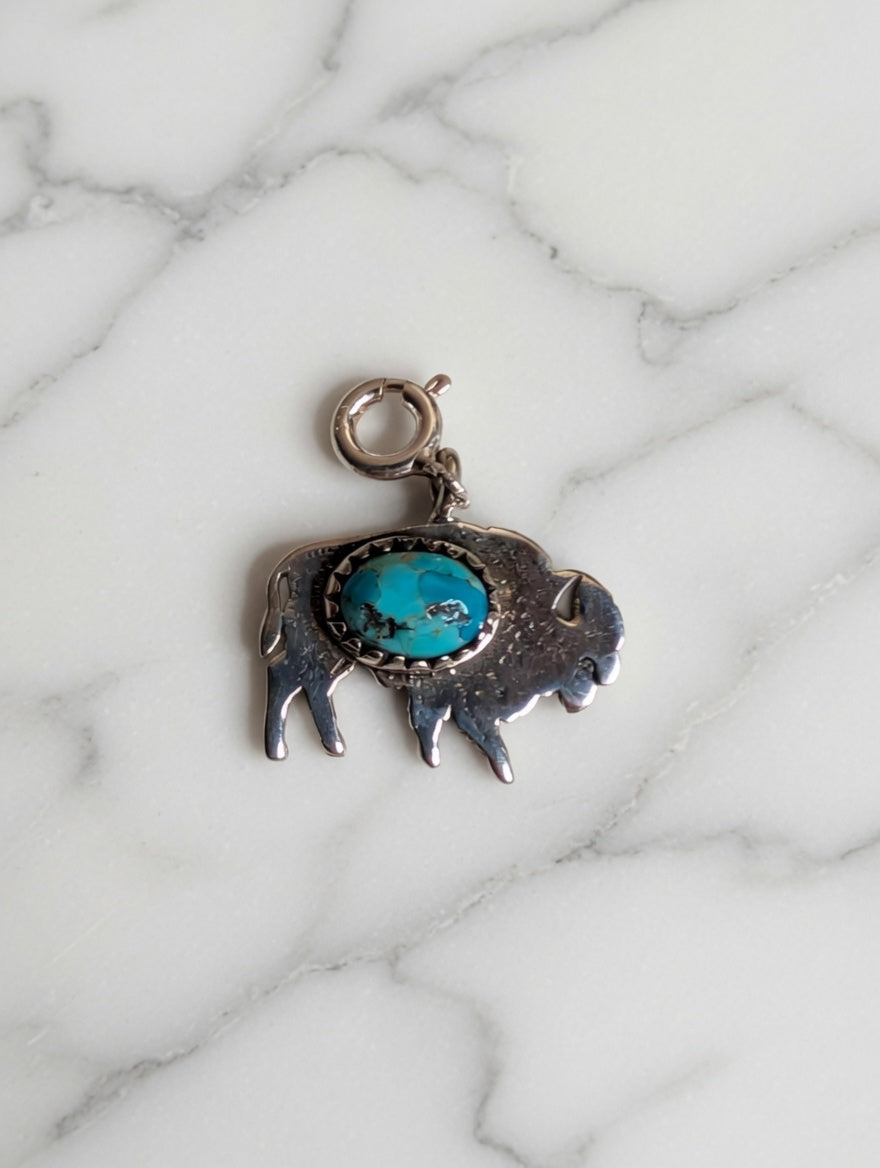 Sterling Silver Southwestern Style Buffalo Charm With Turquoise