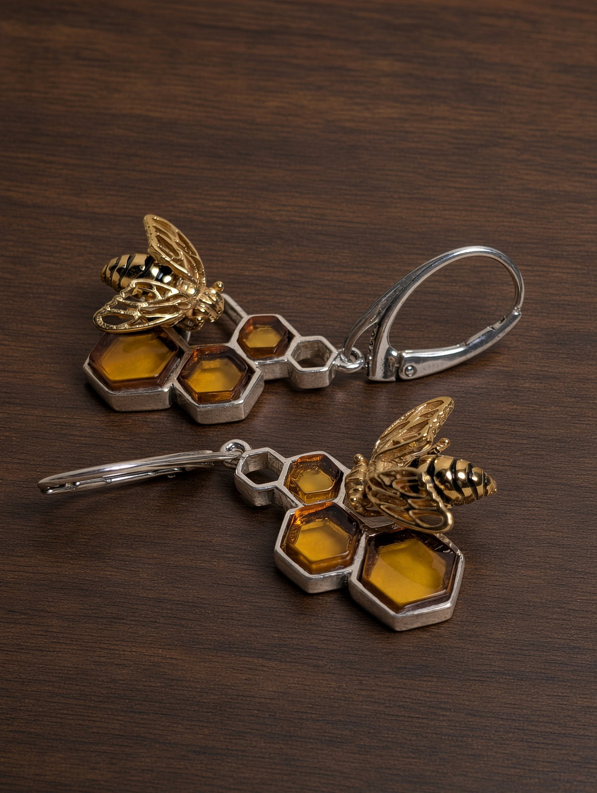 Handmade Bee Honeycomb Honey Cognac Cabochons & Sterling Silver Leverback Earrings