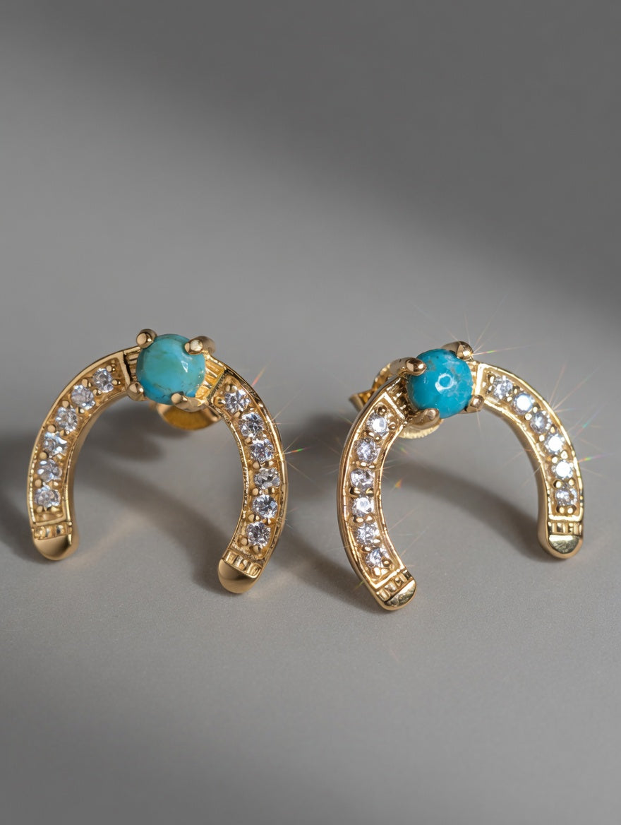 14k Gold Plated Sterling Silver CZ Horseshoe Earrings With Turquoise