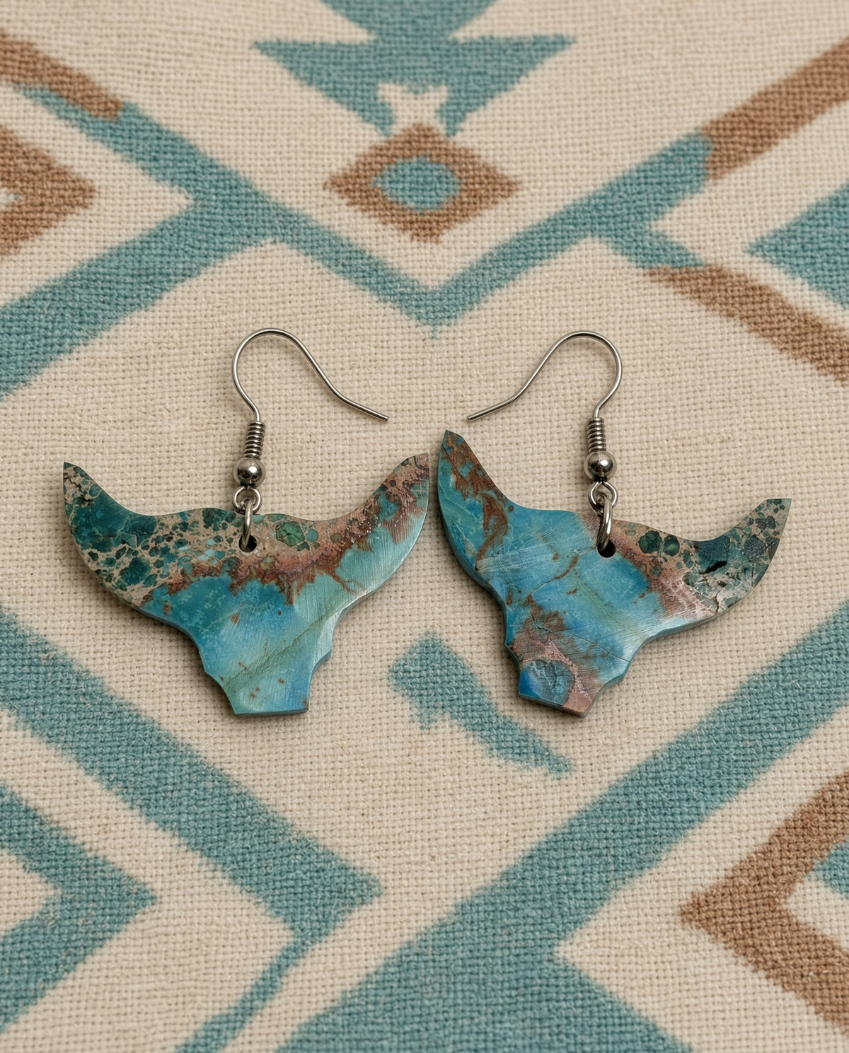 Handcrafted Indigo Turquoise Bull Head Slab Sterling Silver Earrings