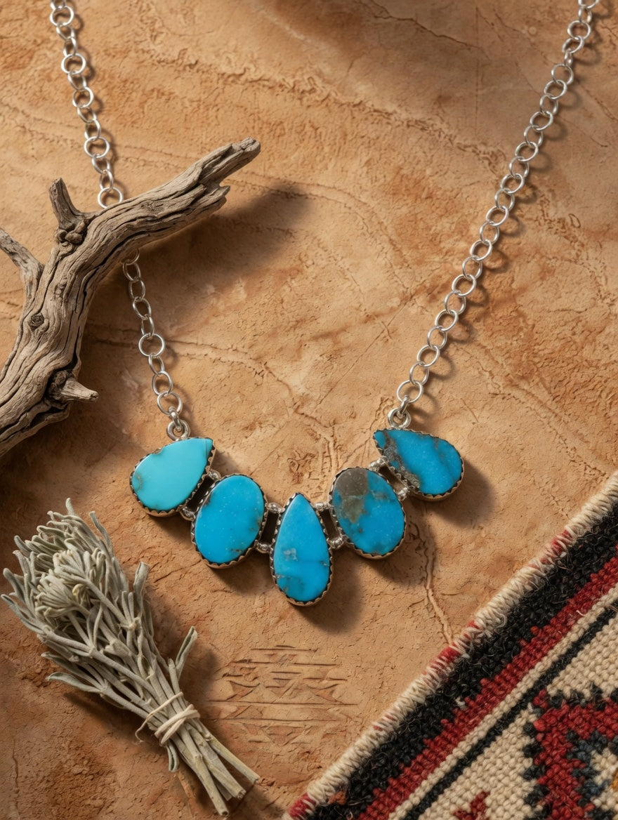 Kingman Turquoise Five Stone Sterling Silver Tear Drop Cluster Bar Necklace