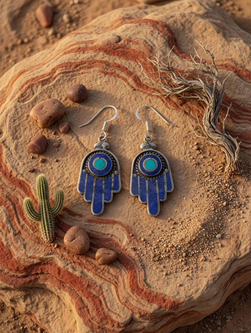 Vintage Southwestern Blue Lapis & Turquoise Silver Hamsa Hand Of Protection Dangle Earrings