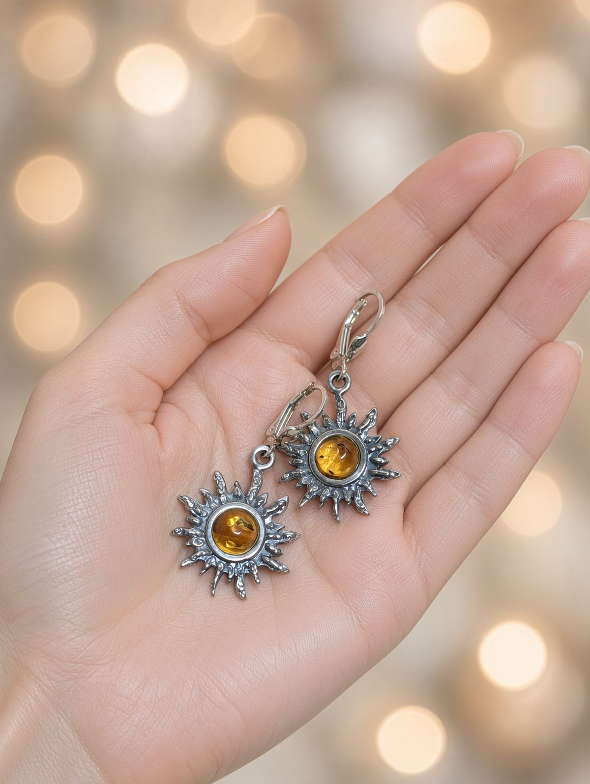 Handmade Sunburst Earrings with Yellow Inlay & Honey Cognac Cabochons In Sterling Silver