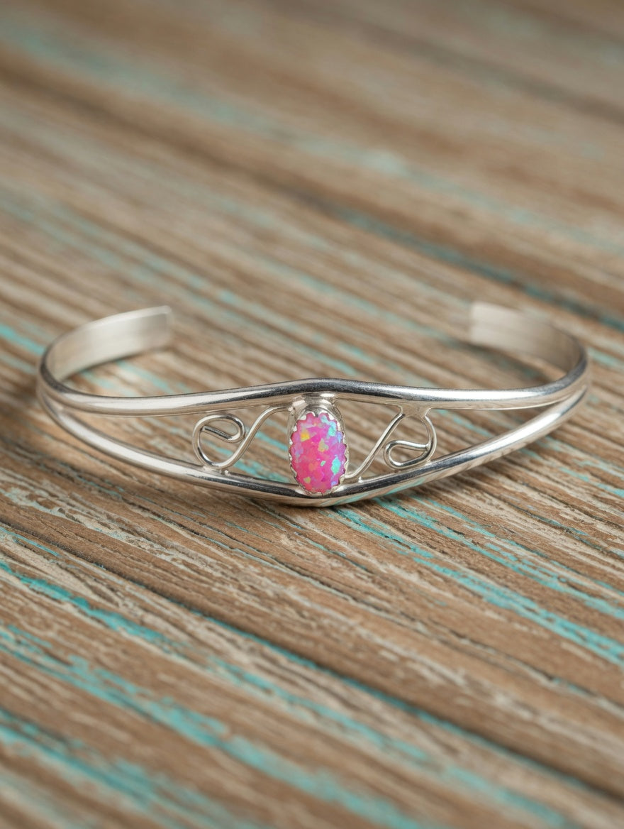 Handcrafted Sterling Silver Fire Pink Opal Kid's Cuff Bracelet –  Swirl Design