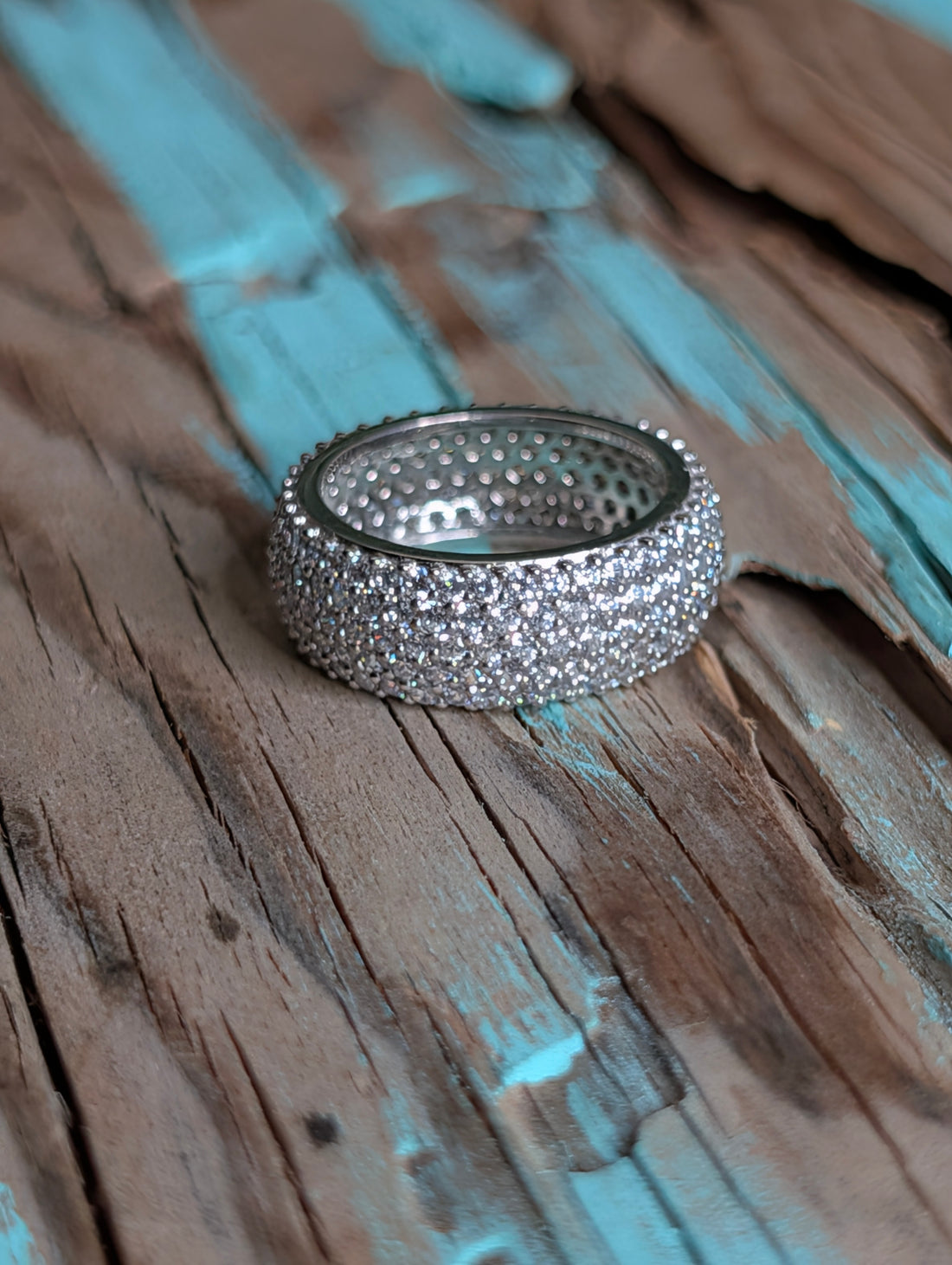 Sterling Silver CZ Fully Paved Stone Inlay Wide Band Ring Size 6