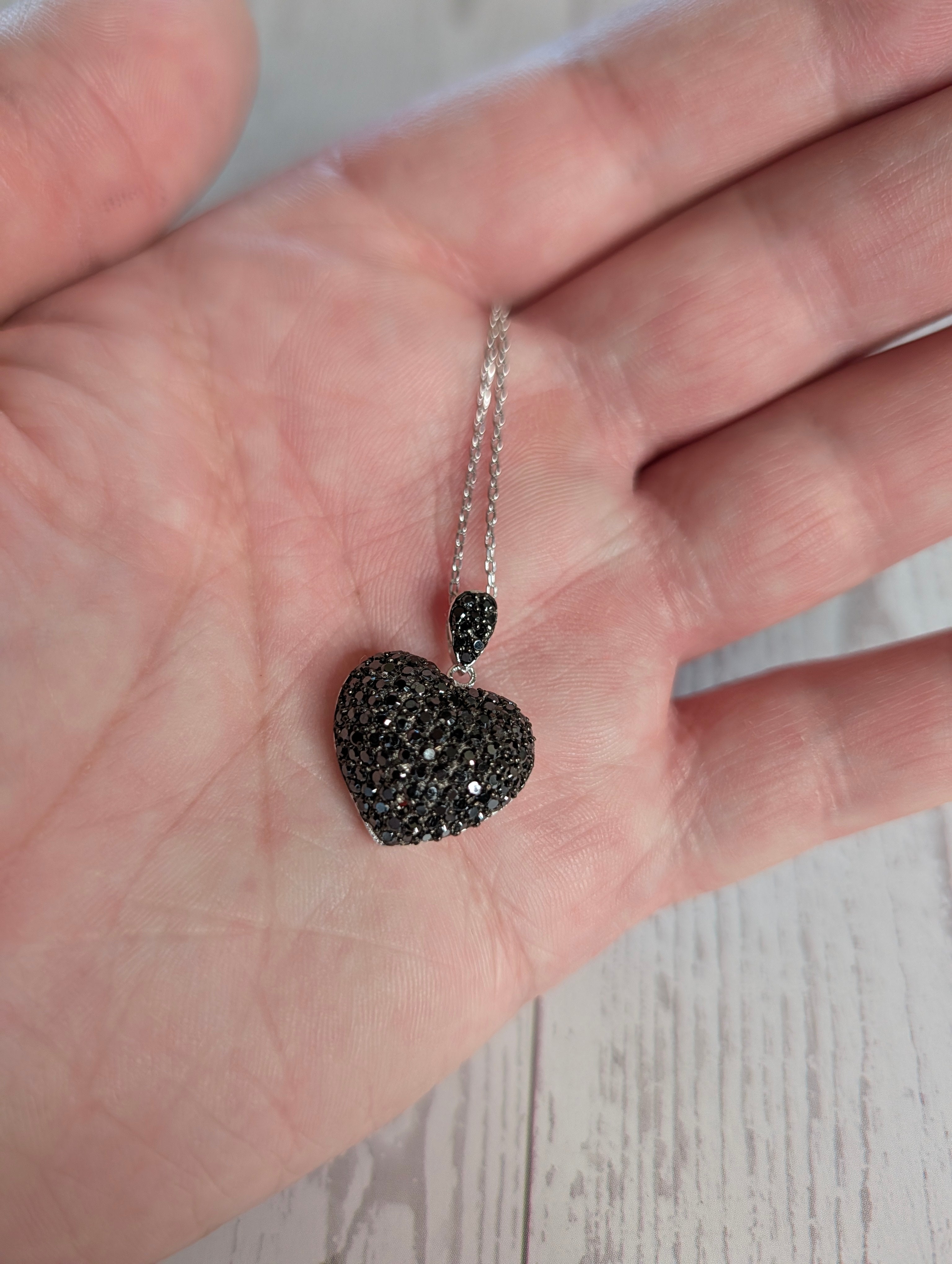 Sterling Silver Black Druzy CZ Puffy Heart Pendant Necklace