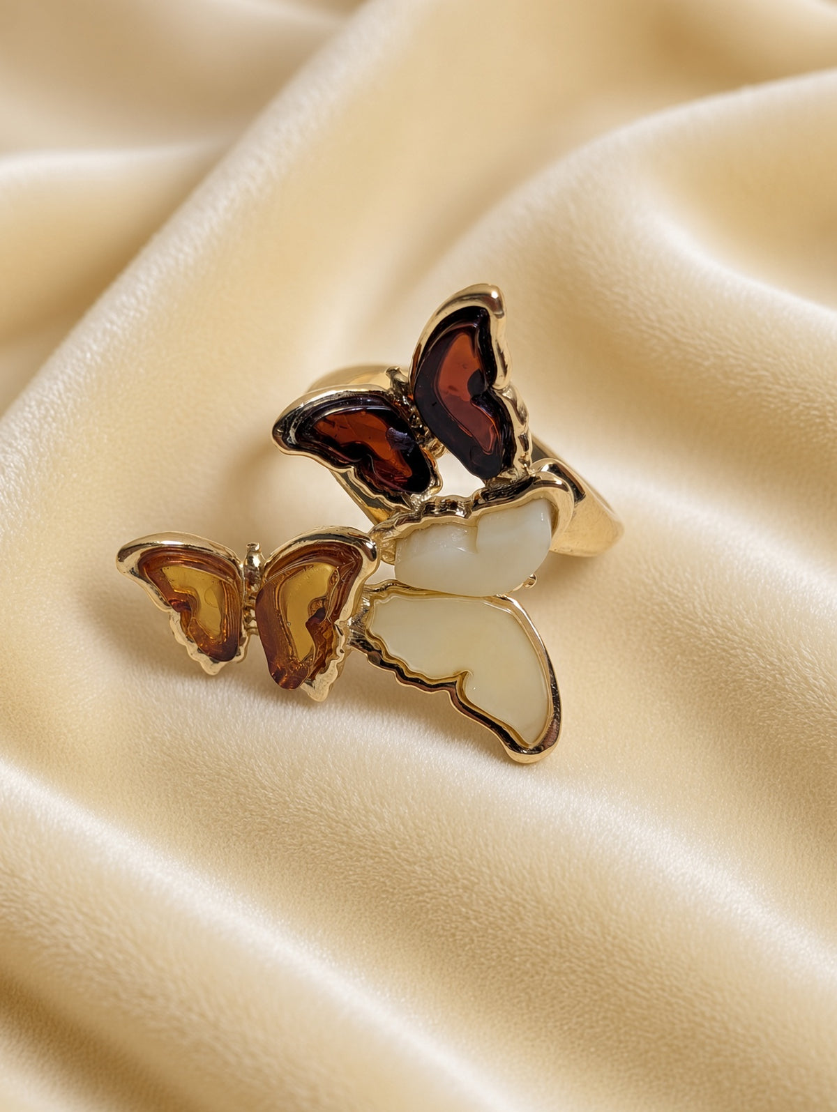 Handmade Butterfly Honey Cognac Cabochons & 14k Gold Adjustable Ring