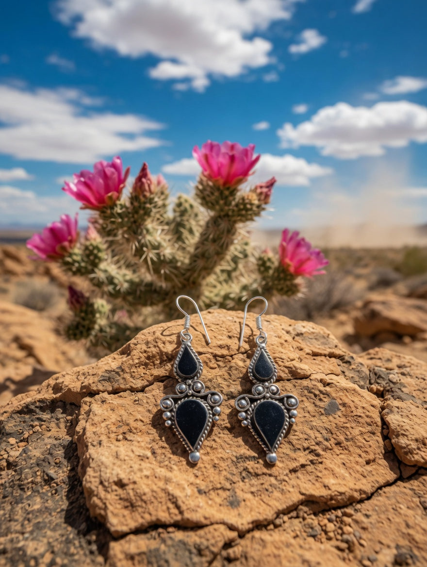 Ornate Southwestern Black Onyx Teardrop Filigree Dangle Earrings