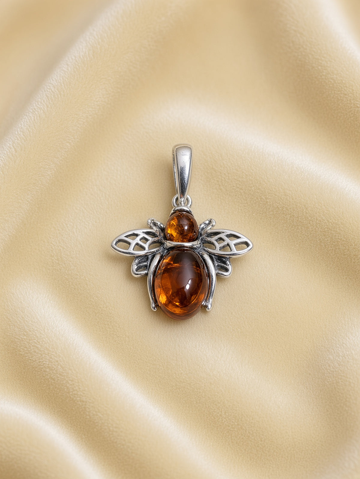 Handmade Bee Red Honey Cognac Cabochon & Sterling Silver Pendant