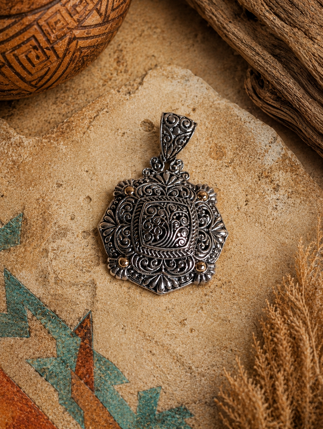 Sterling Silver Ornate Filigree Medallion Pendant With 18k Gold Accents