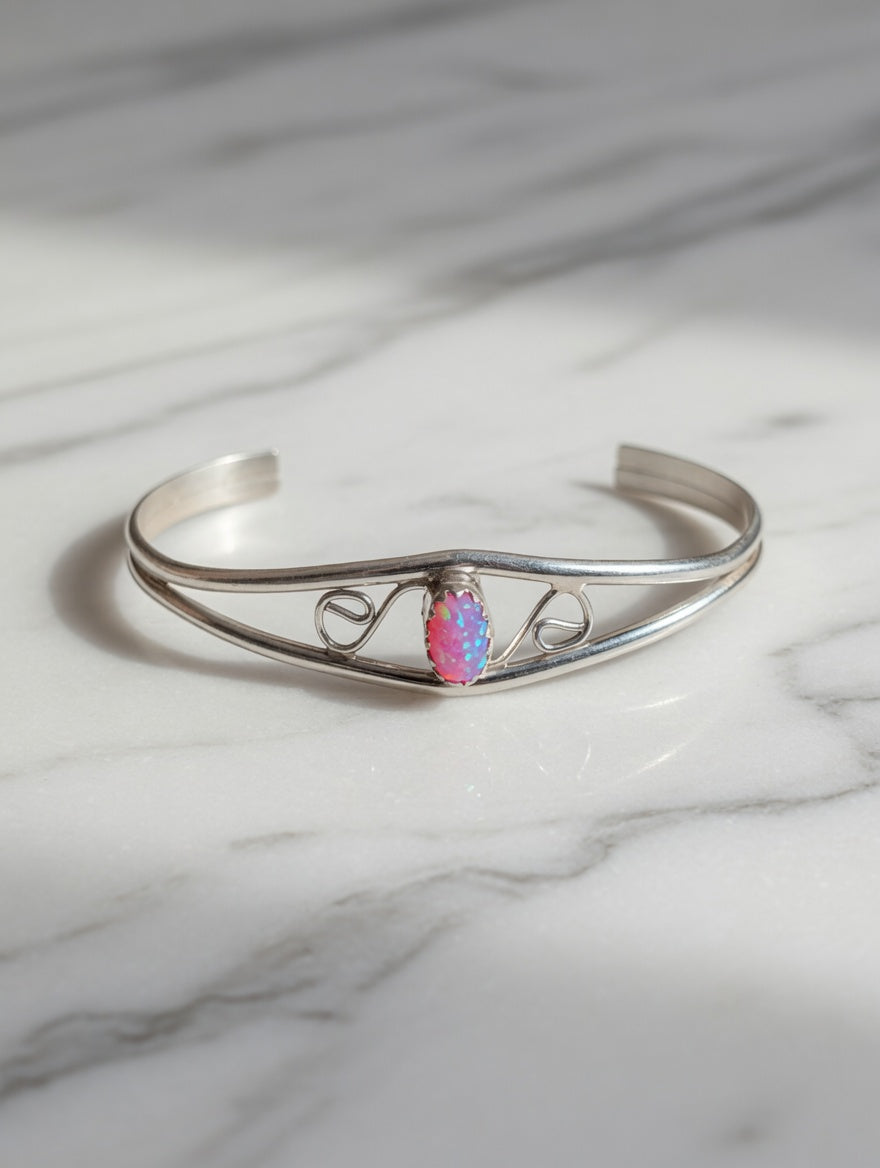 Handcrafted Sterling Silver Fire Pink Opal Kid's Cuff Bracelet –  Swirl Design