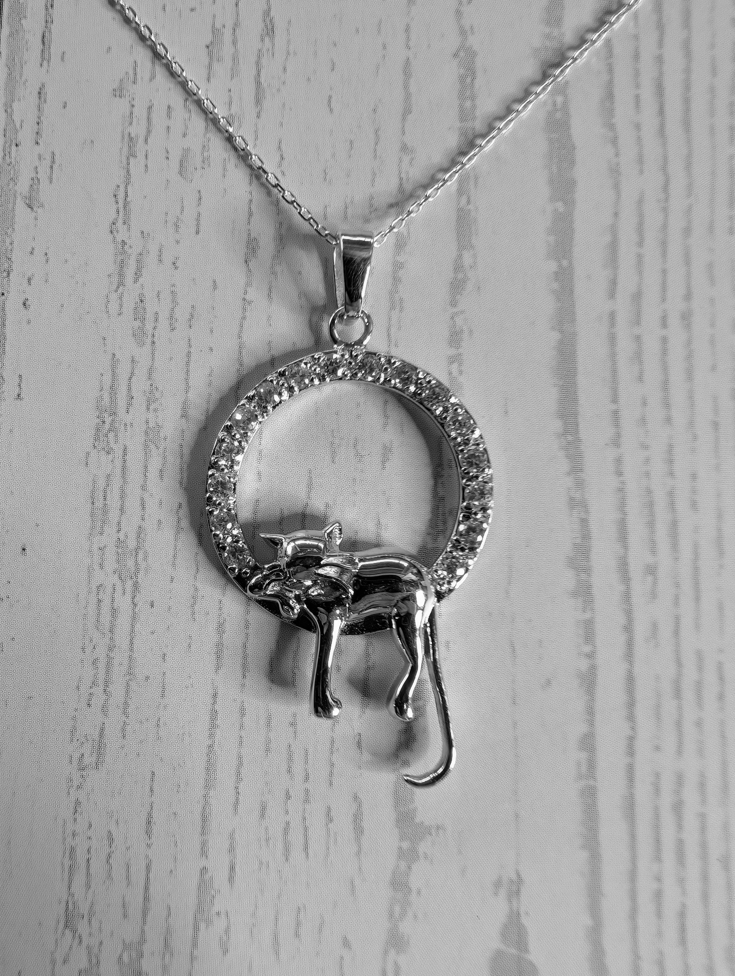 Sterling Silver Cat Perched On CZ Studded Circle Pendant Necklace