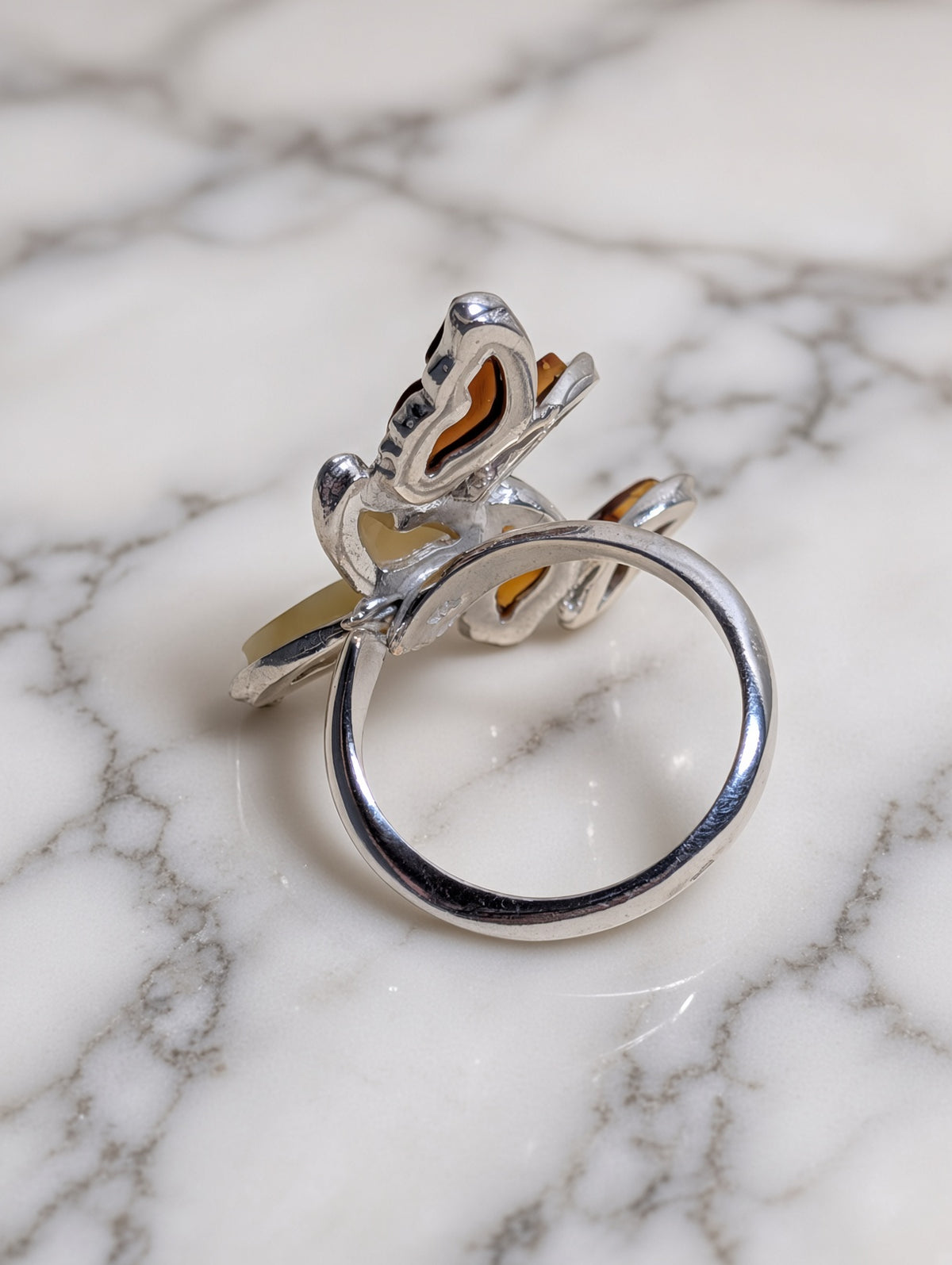 Handmade Butterfly Honey Cognac Cabochons & Sterling Silver Adjustable Ring