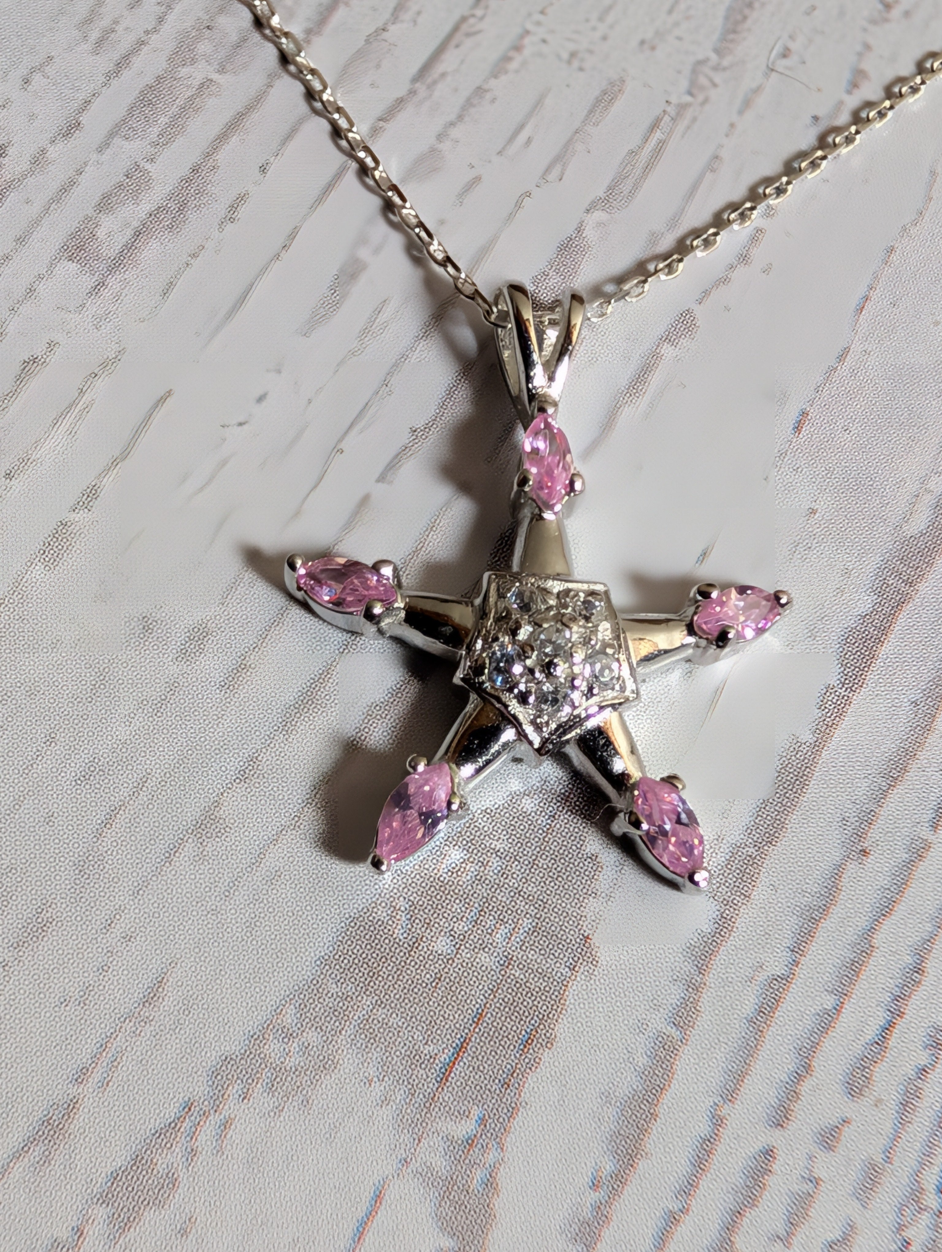 Pink Sapphire Gemstone CZ Star Shaped Sterling Silver Necklace