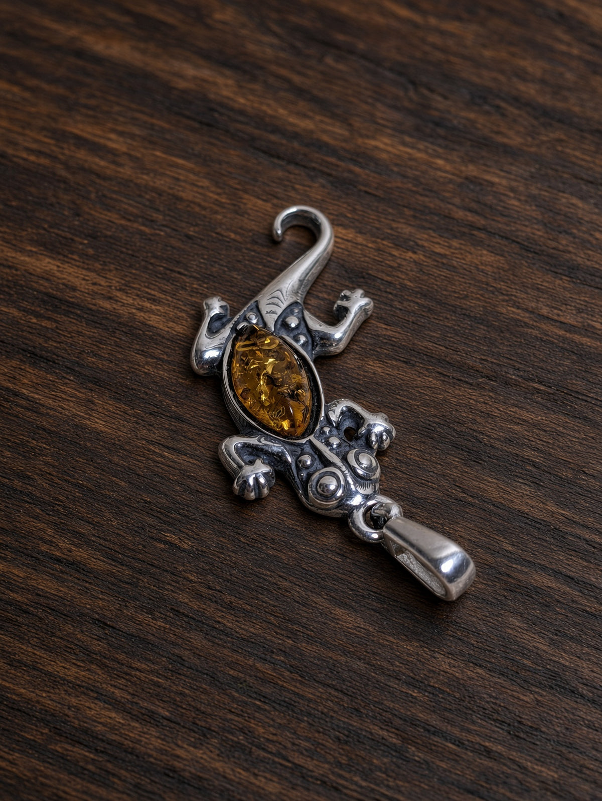 Handmade Lizard Orange Honey Cognac Cabochon & Sterling Silver Pendant