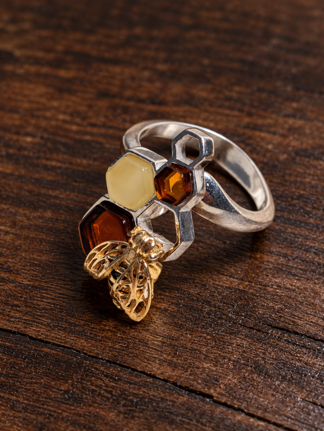 Handmade Bee Honeycomb Honey Cognac Cabochons & Sterling Silver Adjustable Ring