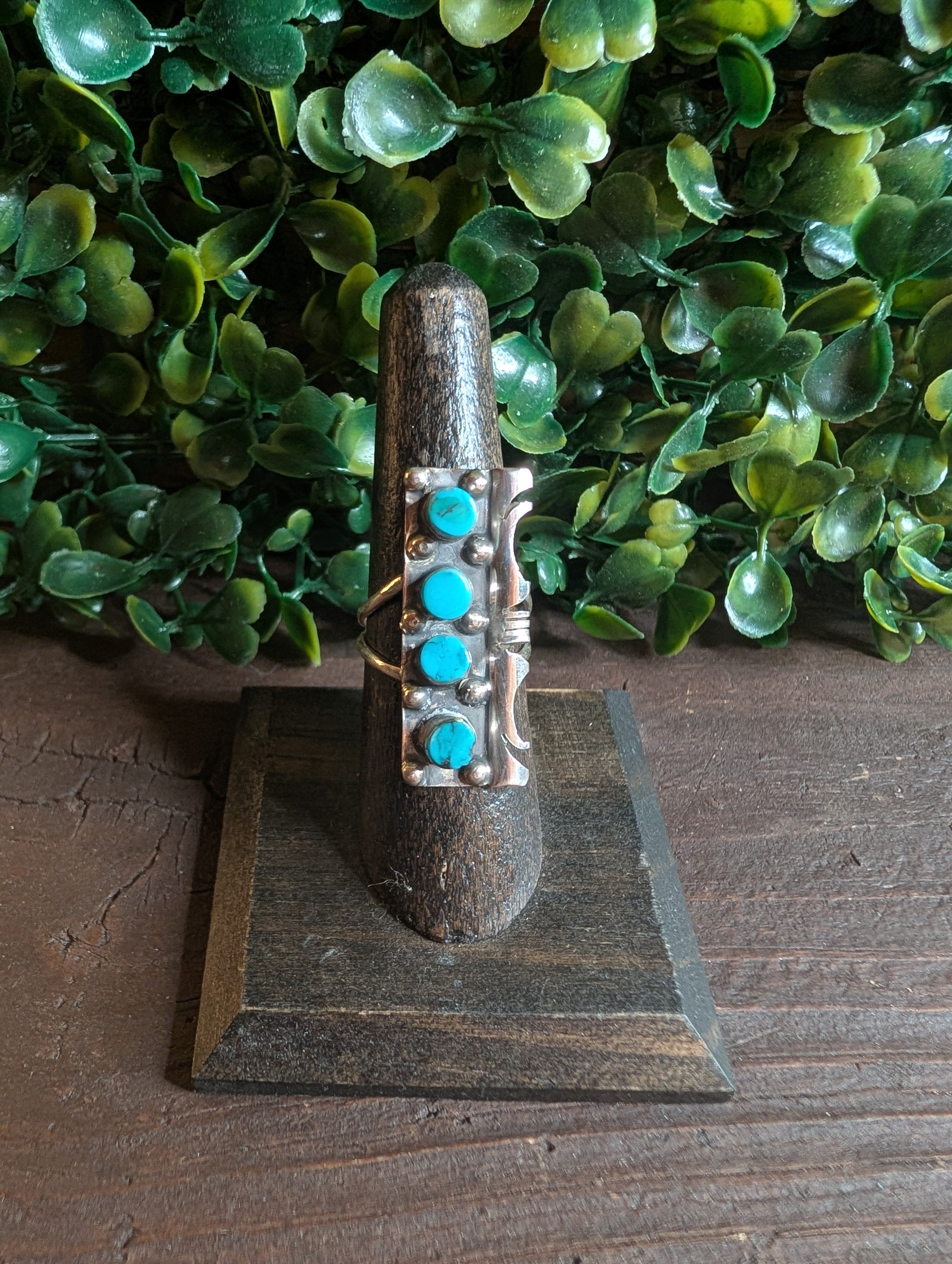 Handcrafted Kingman Turquoise Four Stone Sterling Silver Statement Ring Size 7