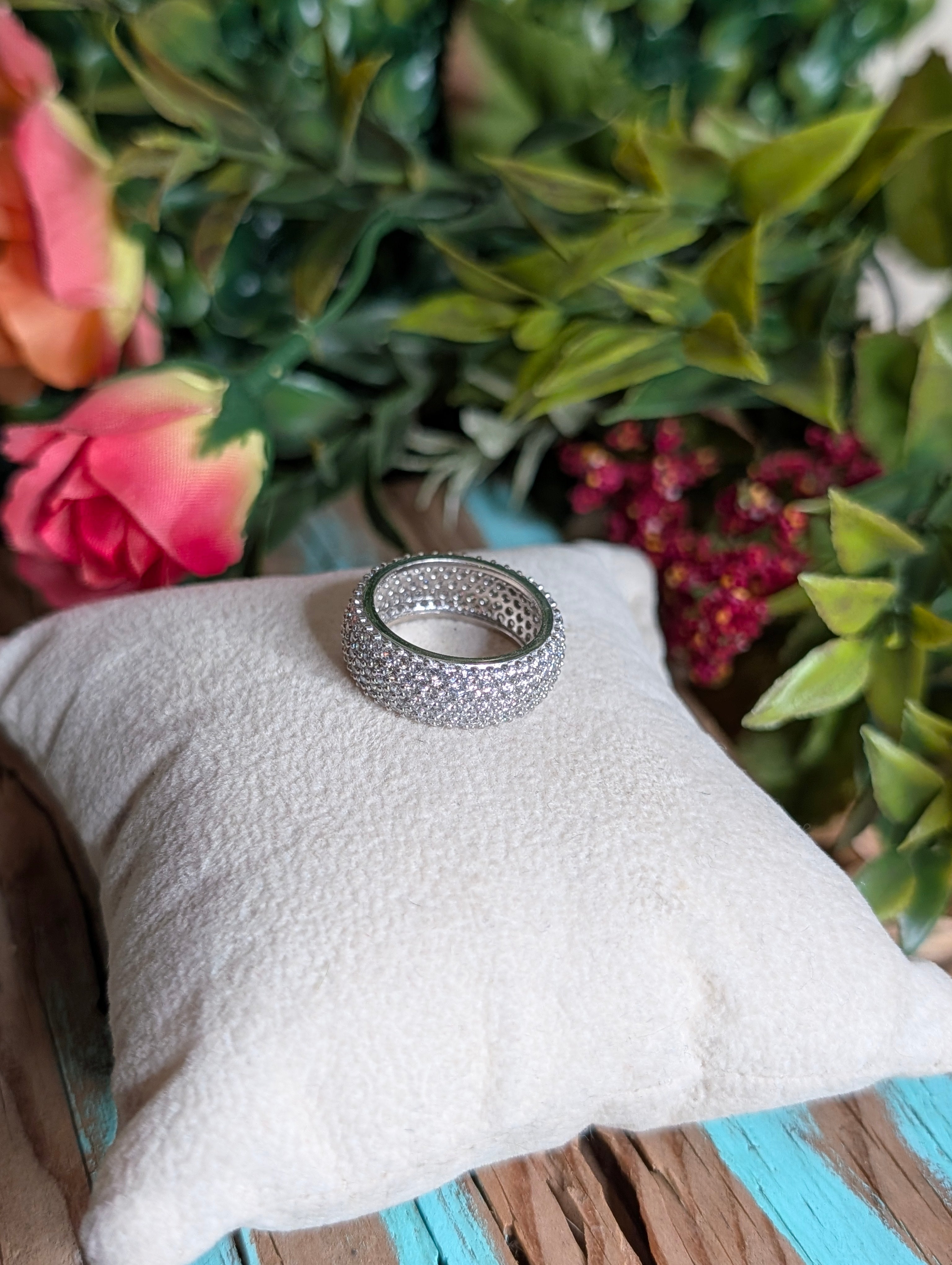 Sterling Silver CZ Fully Paved Stone Inlay Wide Band Ring Size 6