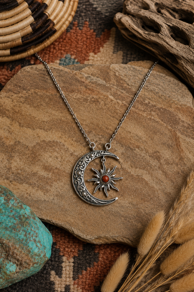 Pink Dahlia Crescent Sterling Silver Moon and Star Necklace