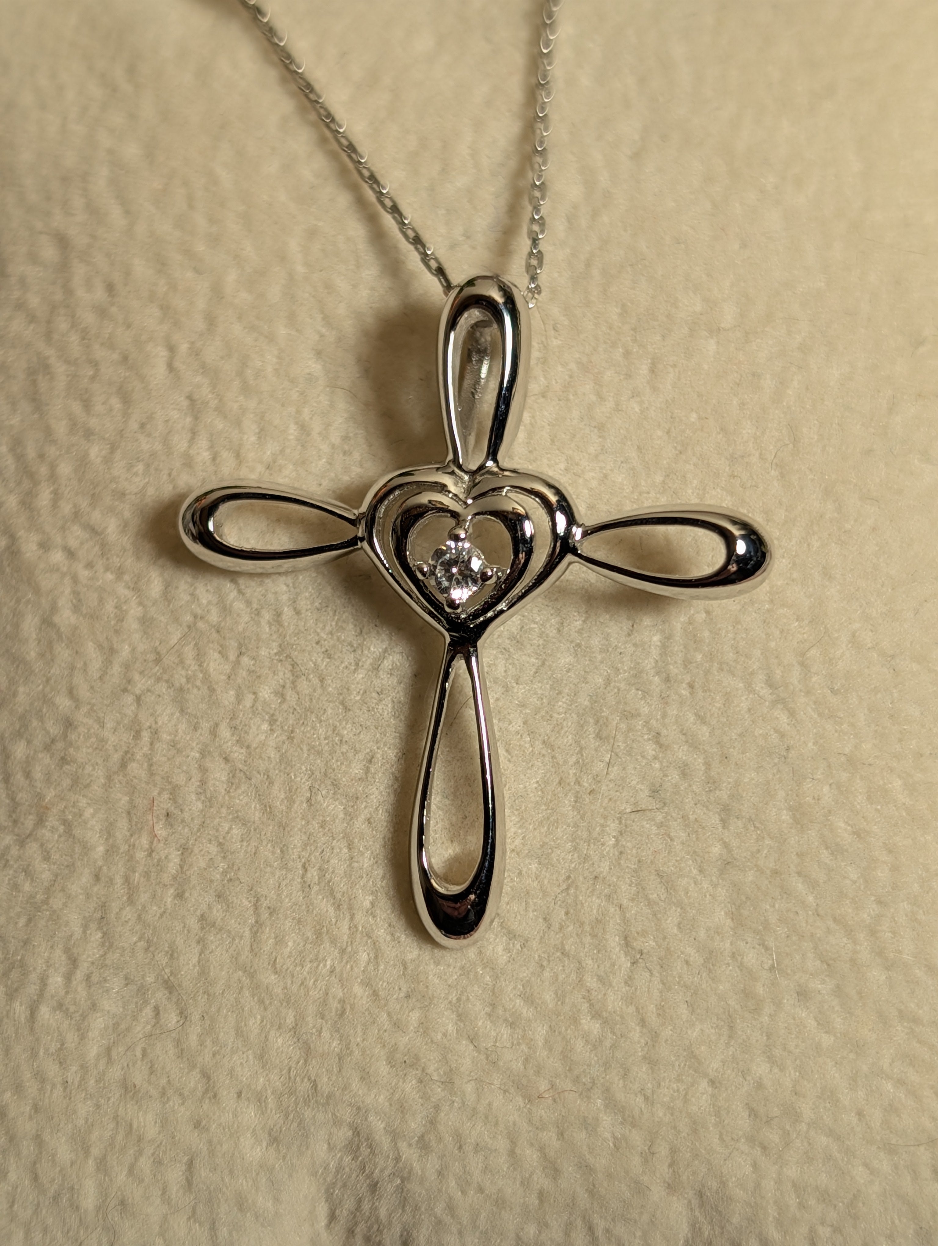 Heart Shaped Cross CZ Pendant On Sterling Silver Necklace