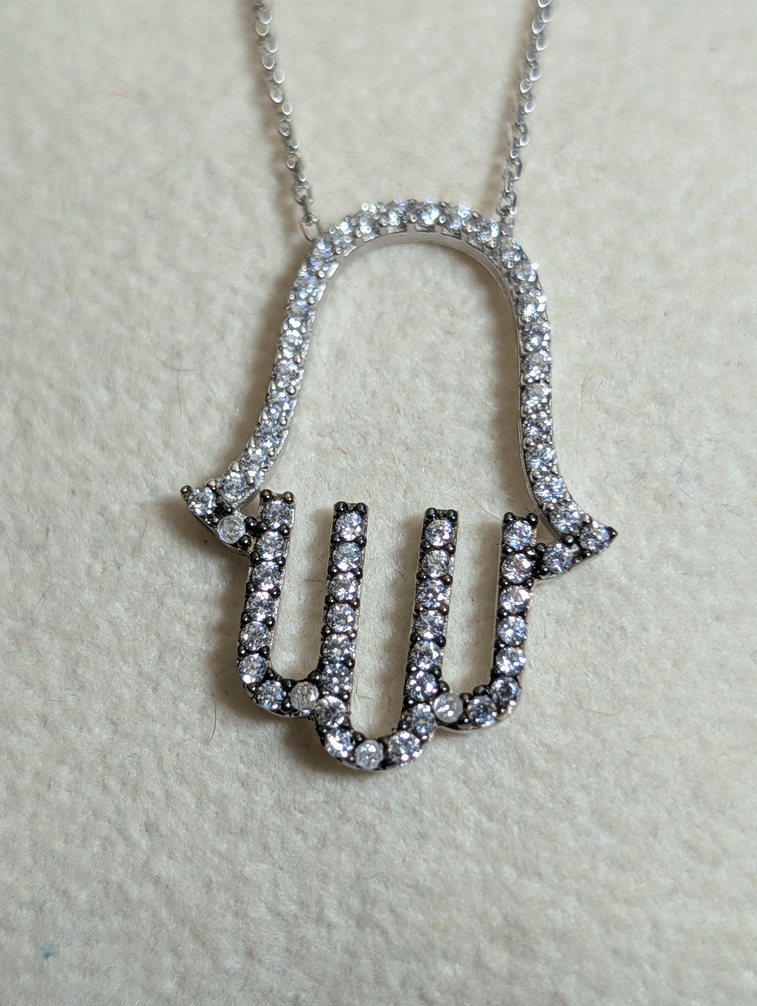 CZ Hamsa Hand Outline Medium Sized Pendant On Sterling Silver Necklace