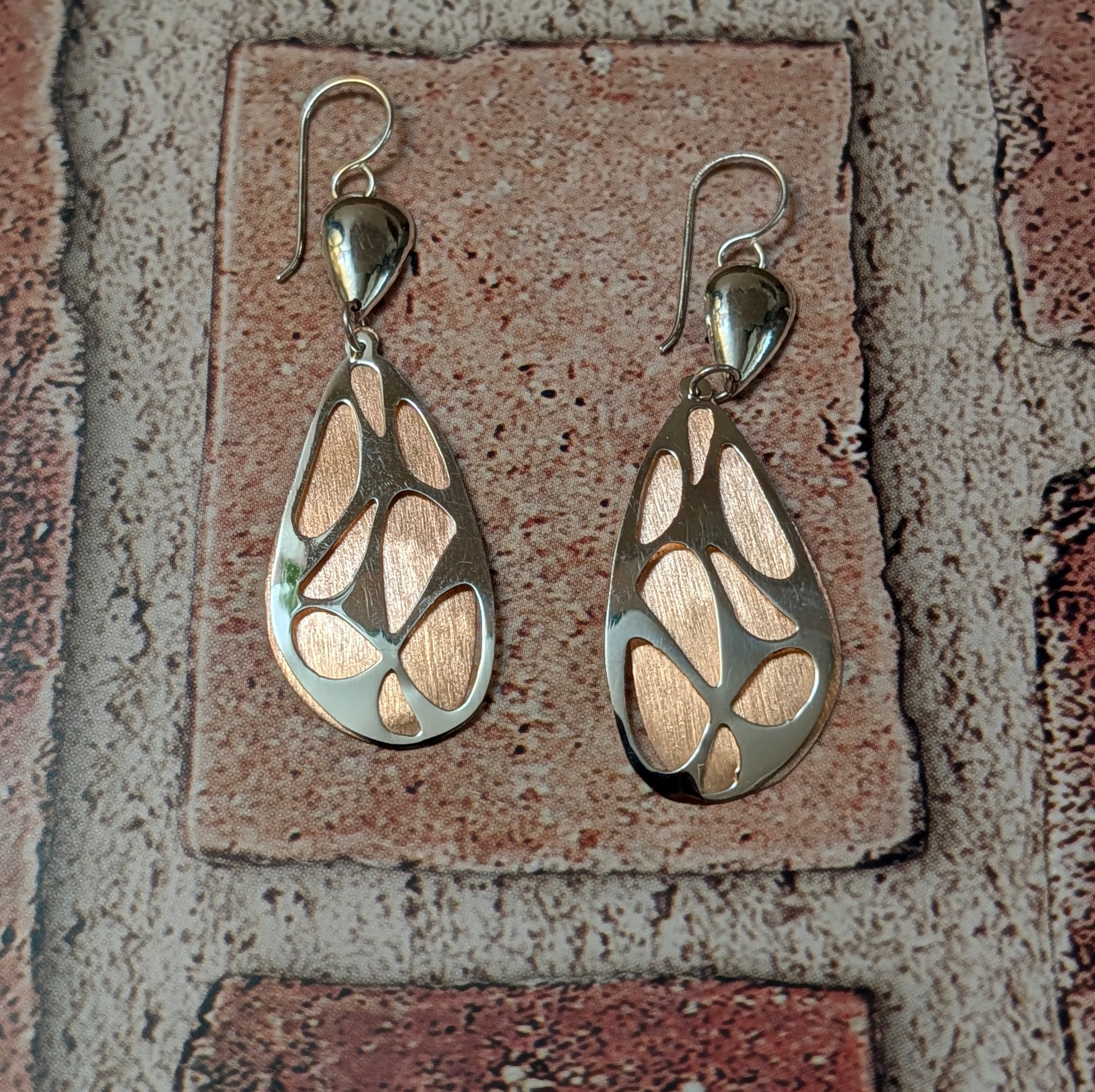 Sterling Silver & Copper Brushed Over Butterfly Wing Earrings