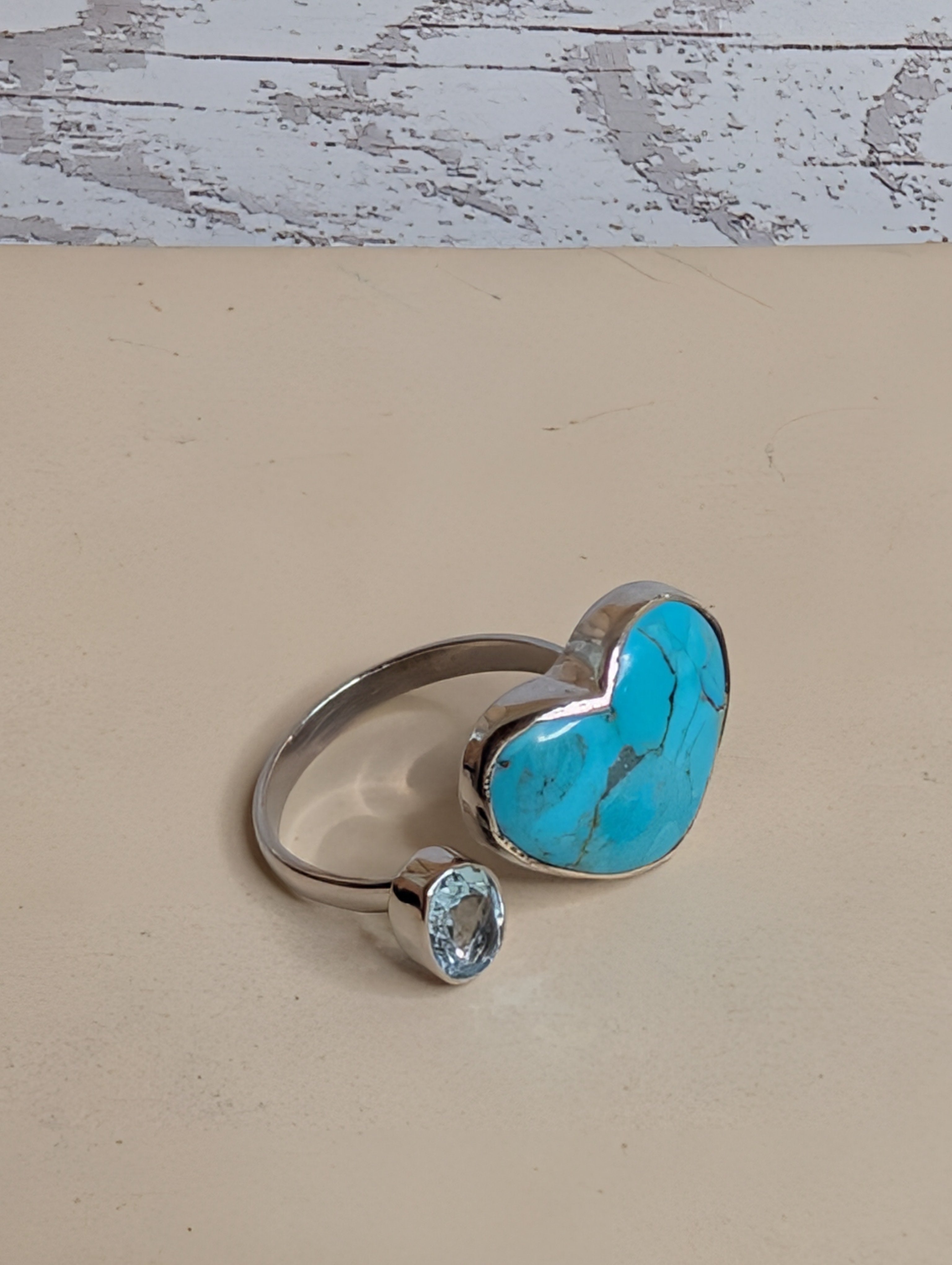 Kingman Turquoise Heart & Oval Shaped Blue Topaz Sterling Silver Adjustable Ring
