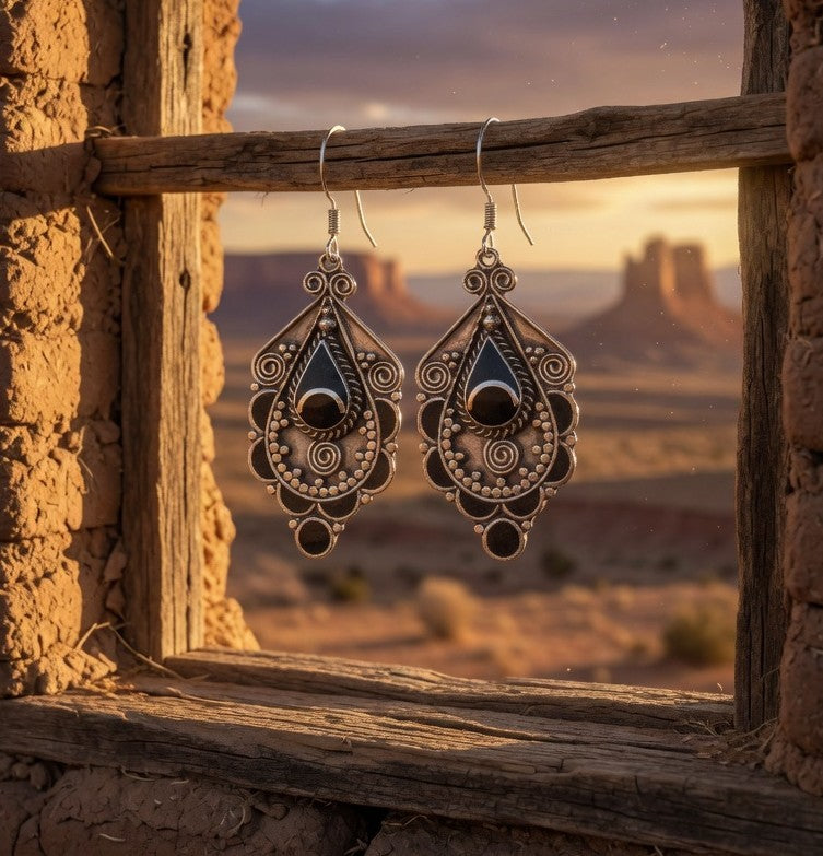 Vintage Black Onyx & Silver Intricate Southwestern Dangle Earrings