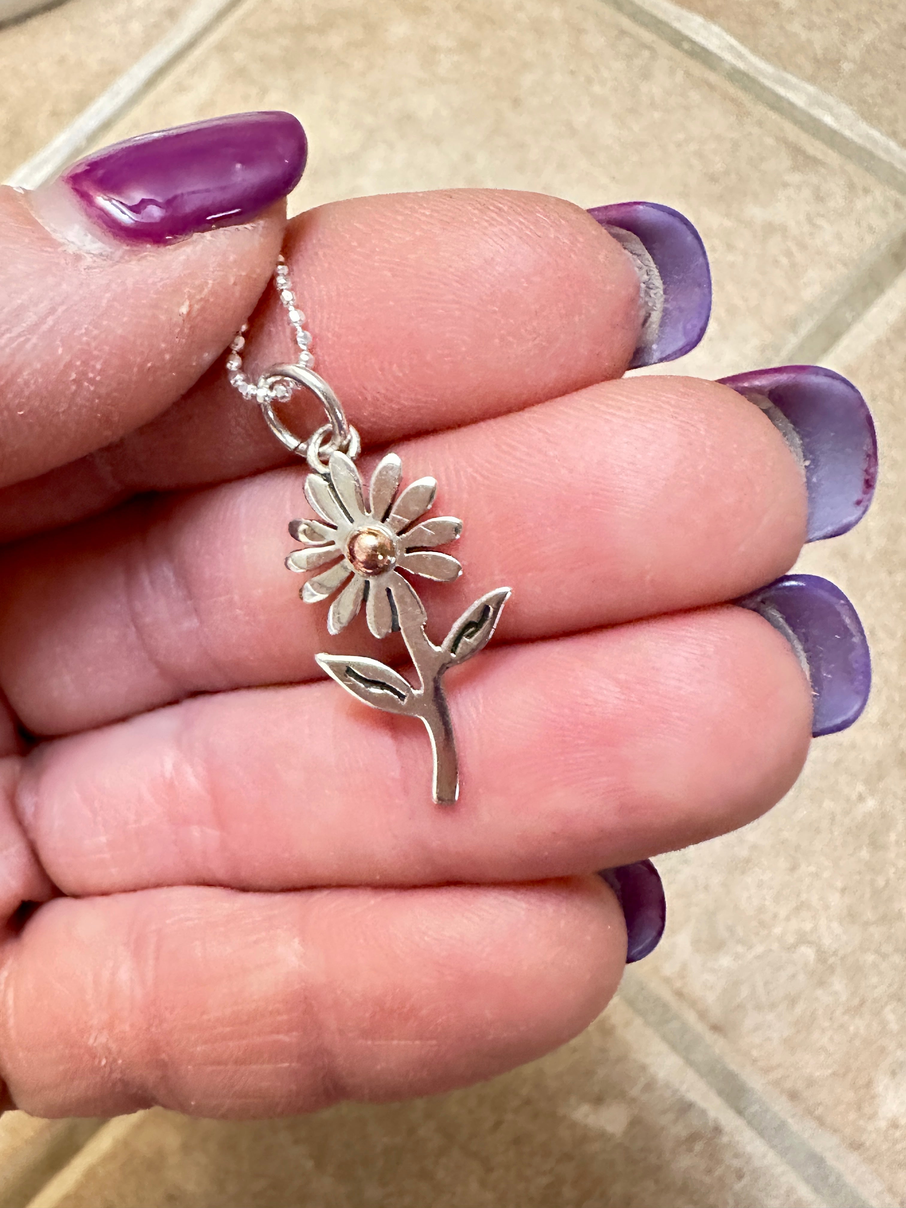 Sterling Silver & Copper Daisy Flower Pendant With Necklace