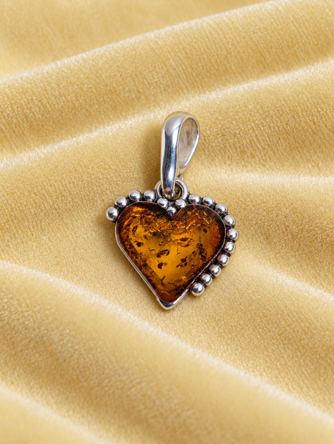Handmade Heart Shaped Honey Cognac Cabochon & Sterling Silver Pendant
