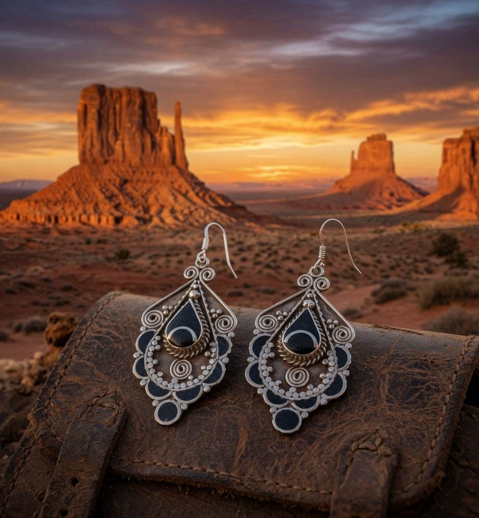 Vintage Black Onyx Teardrop Filigree Statement Earrings