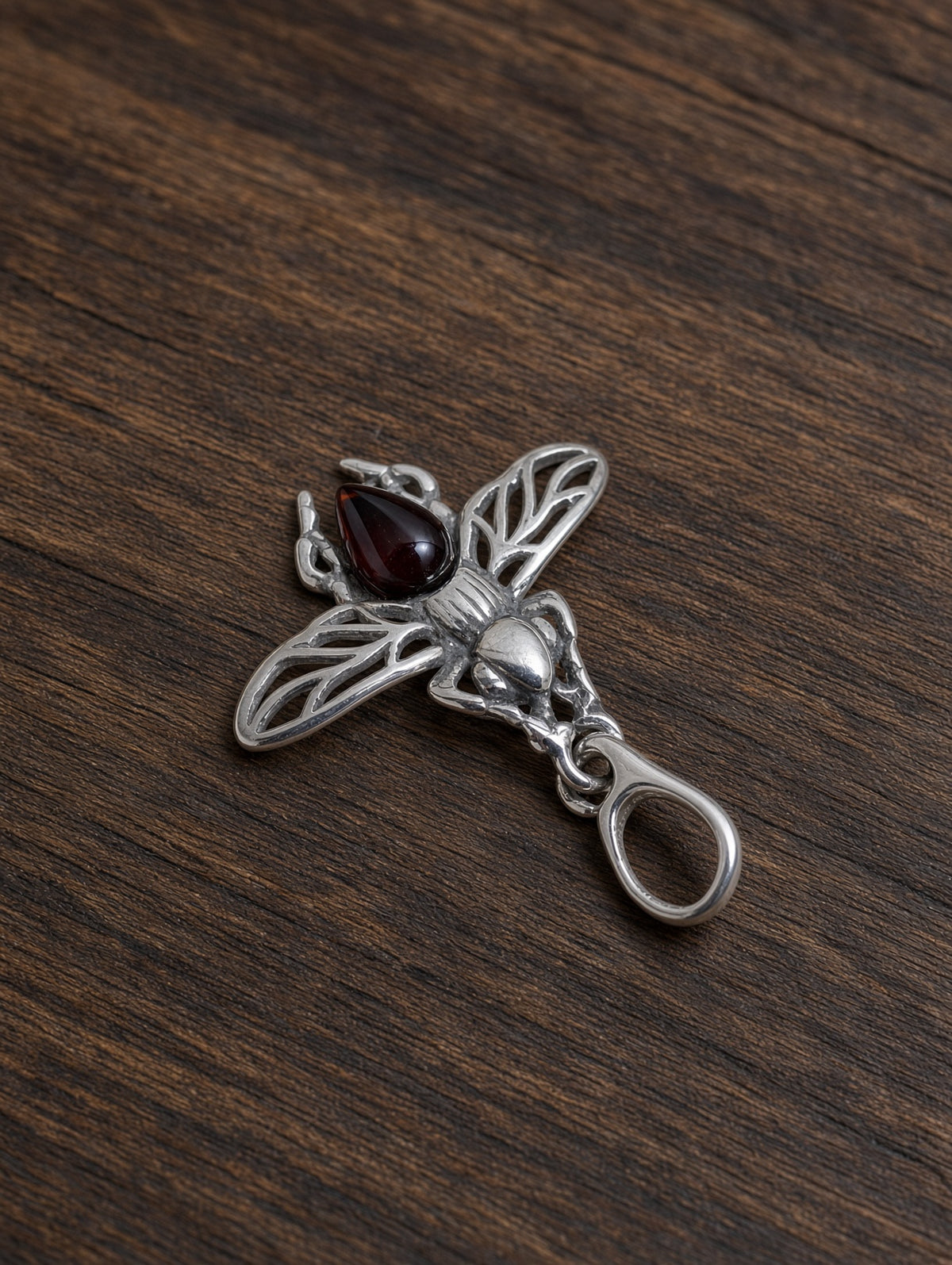 Handmade Bee Red Honey Cognac Cabochon & Sterling Silver Pendant