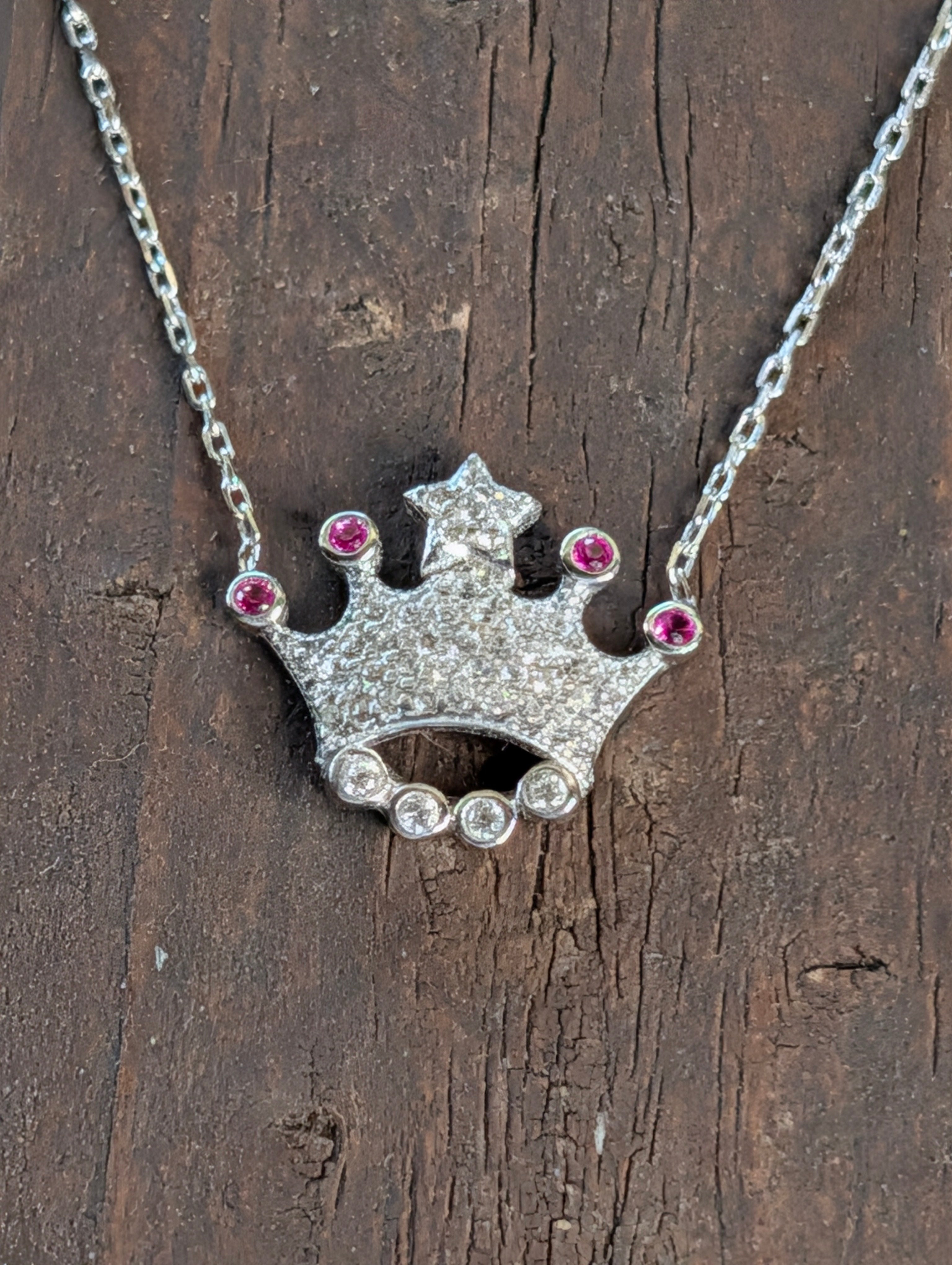 Sterling Silver CZ Hot Pink Gemstones Queen & King Star Crown Bar Necklace