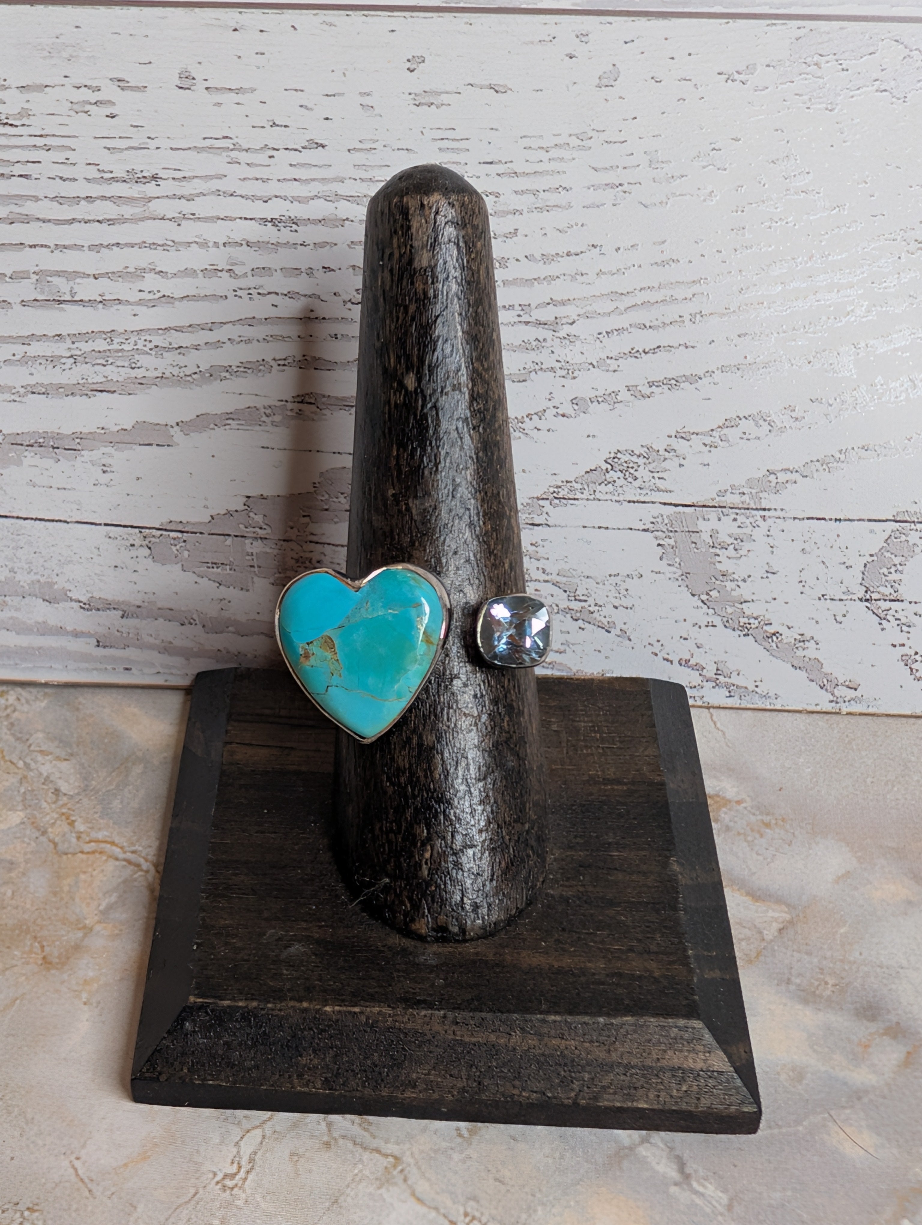 Kingman Turquoise Heart & Square Shaped Blue Topaz Sterling Silver Adjustable Ring