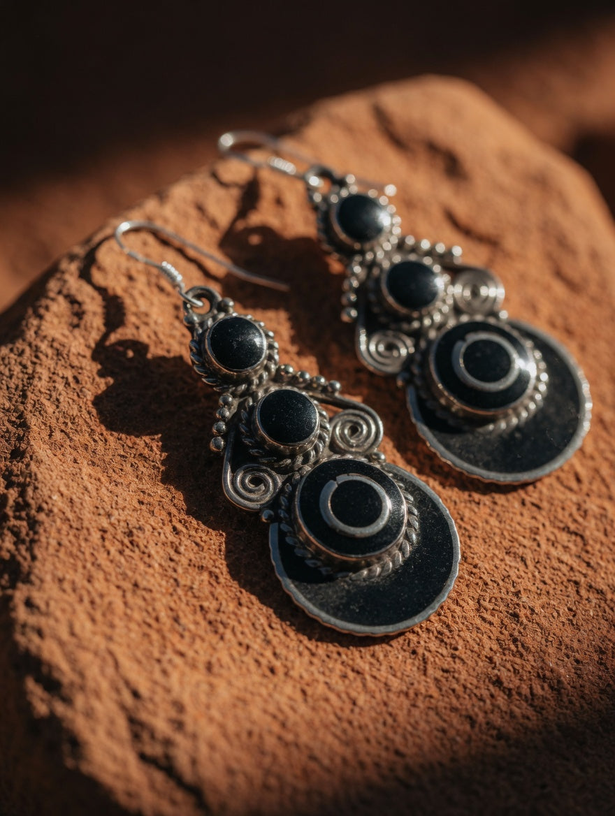 Vintage Black Onyx & Silver Southwestern Dangle Earrings