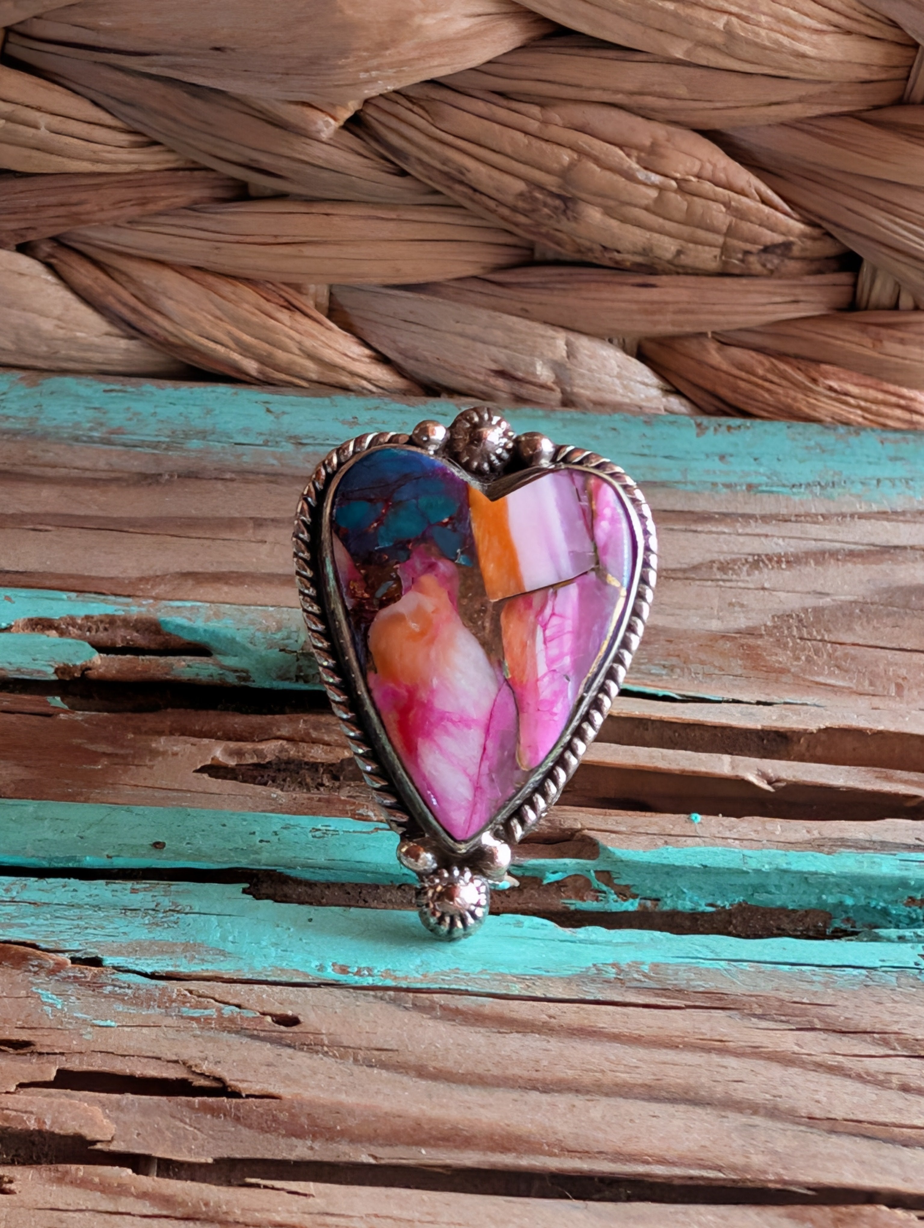 Pink Dahlia Heart Shaped Sterling Silver Adjustable Ring