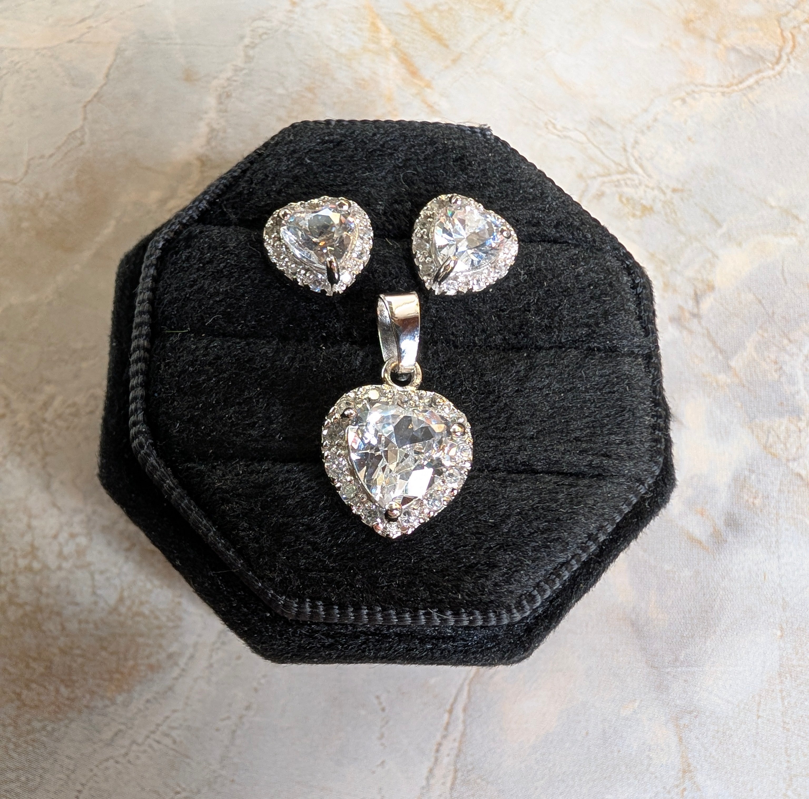 Sterling Silver Carved CZ Heart Earrings & Pendant Jewelry Set