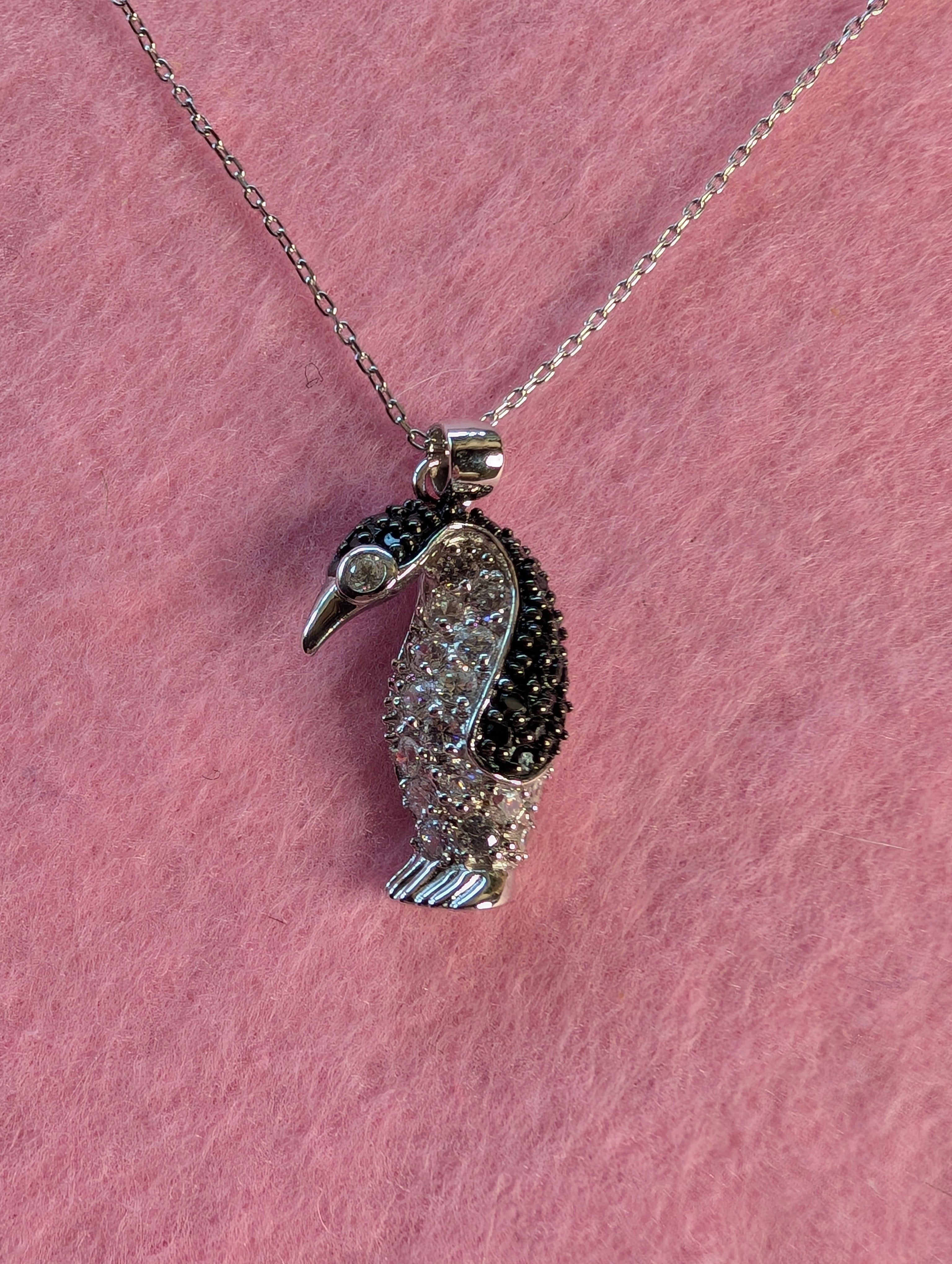 Sterling Silver Black Druzy CZ Penguin Winter Cold Pendant Necklace