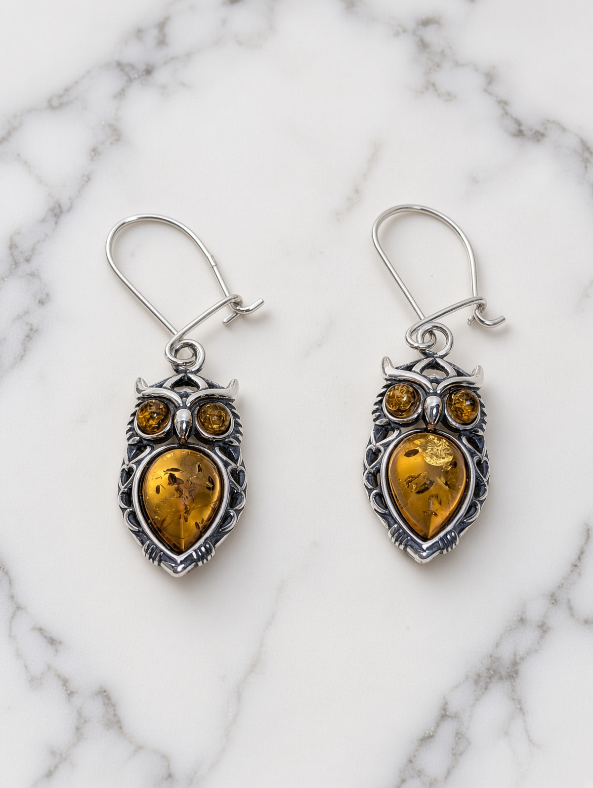 Handmade Owl Earrings with Yellow Inlay & Honey Cognac Cabochons In Sterling Silver