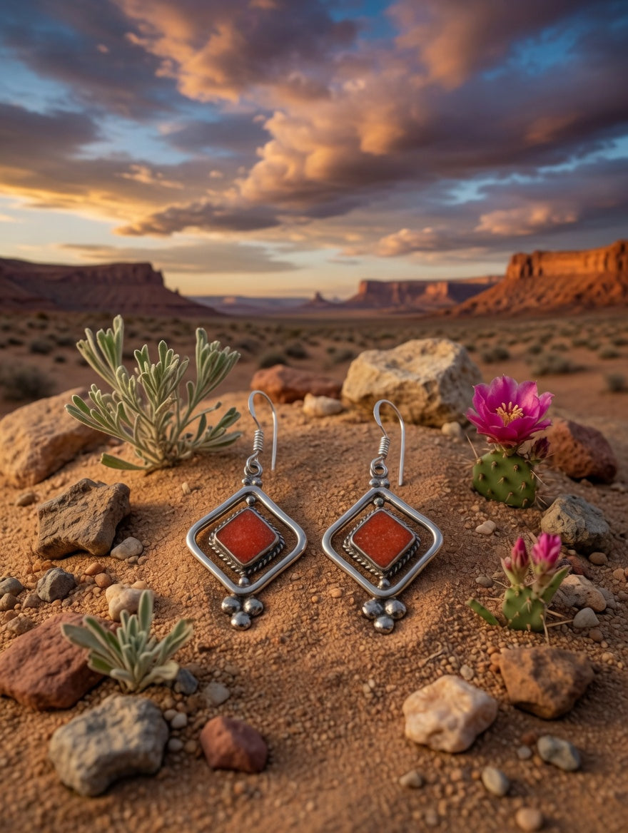 Vintage Southwestern Coral & Silver Dangle Earrings