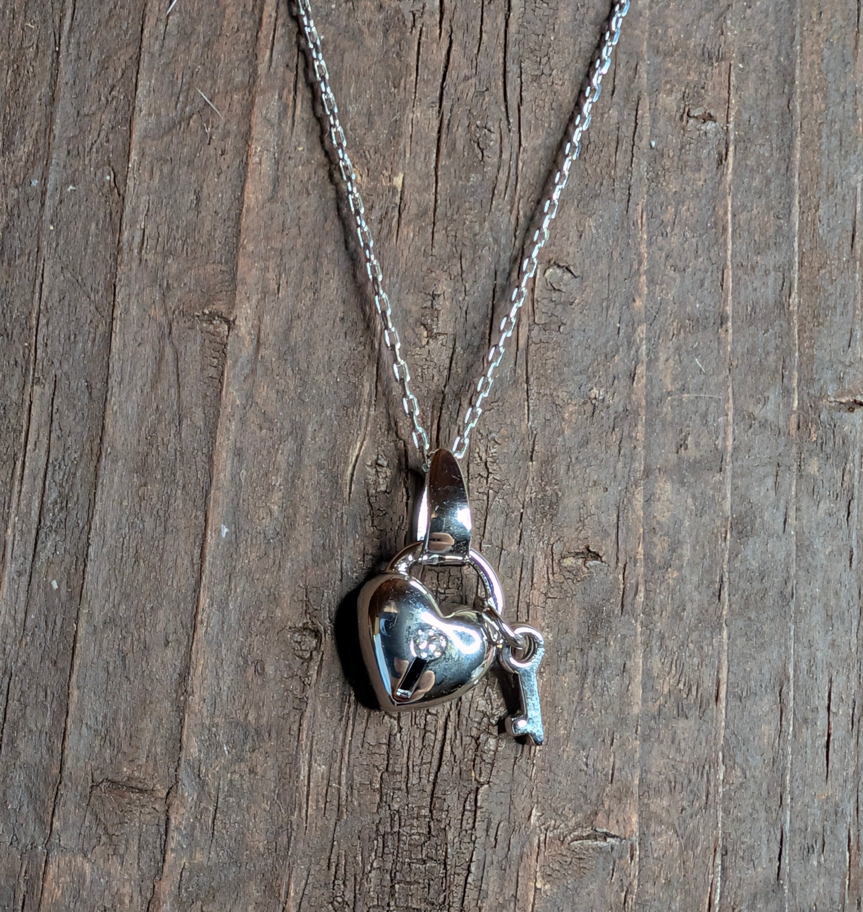 Sterling Silver Puffy Heart & Key Romantic Love Necklace
