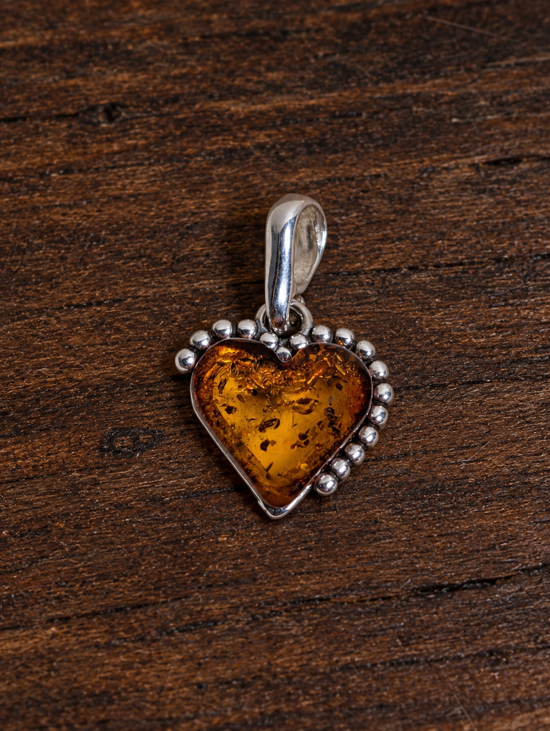 Handmade Heart Shaped Honey Cognac Cabochon & Sterling Silver Pendant