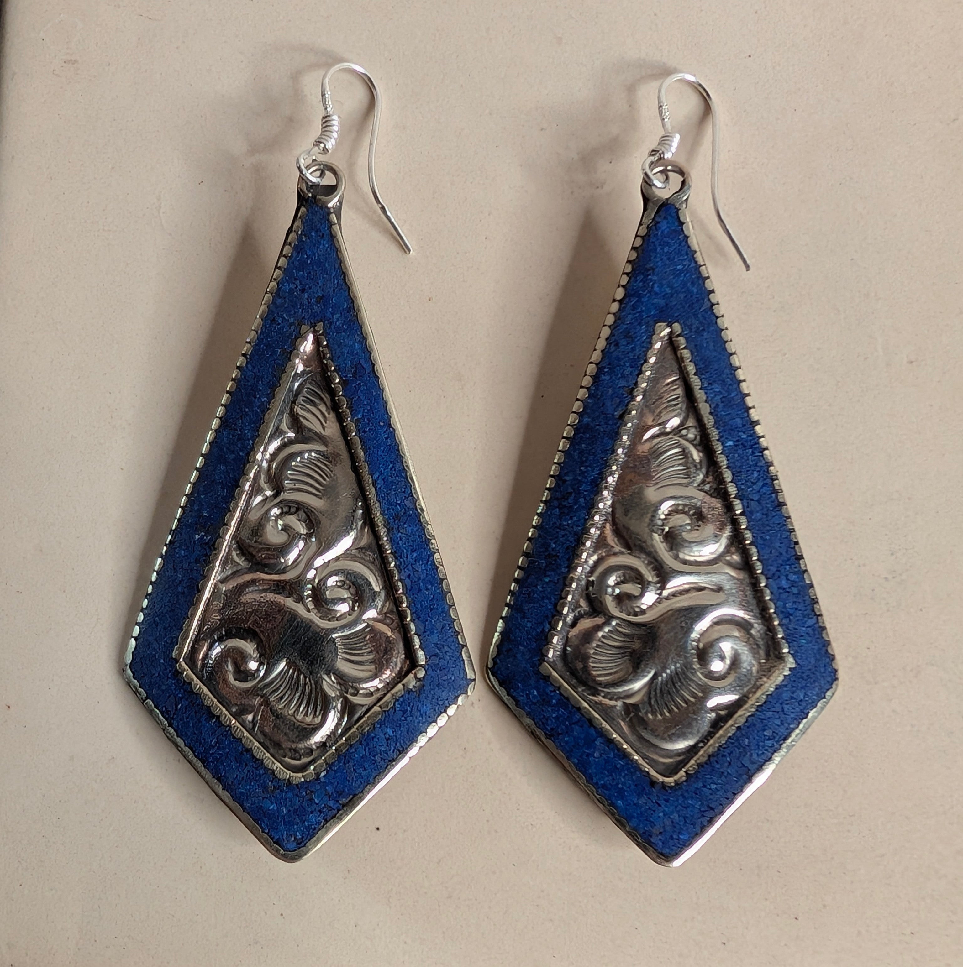 Blue & Silver Embossed Drop Earrings